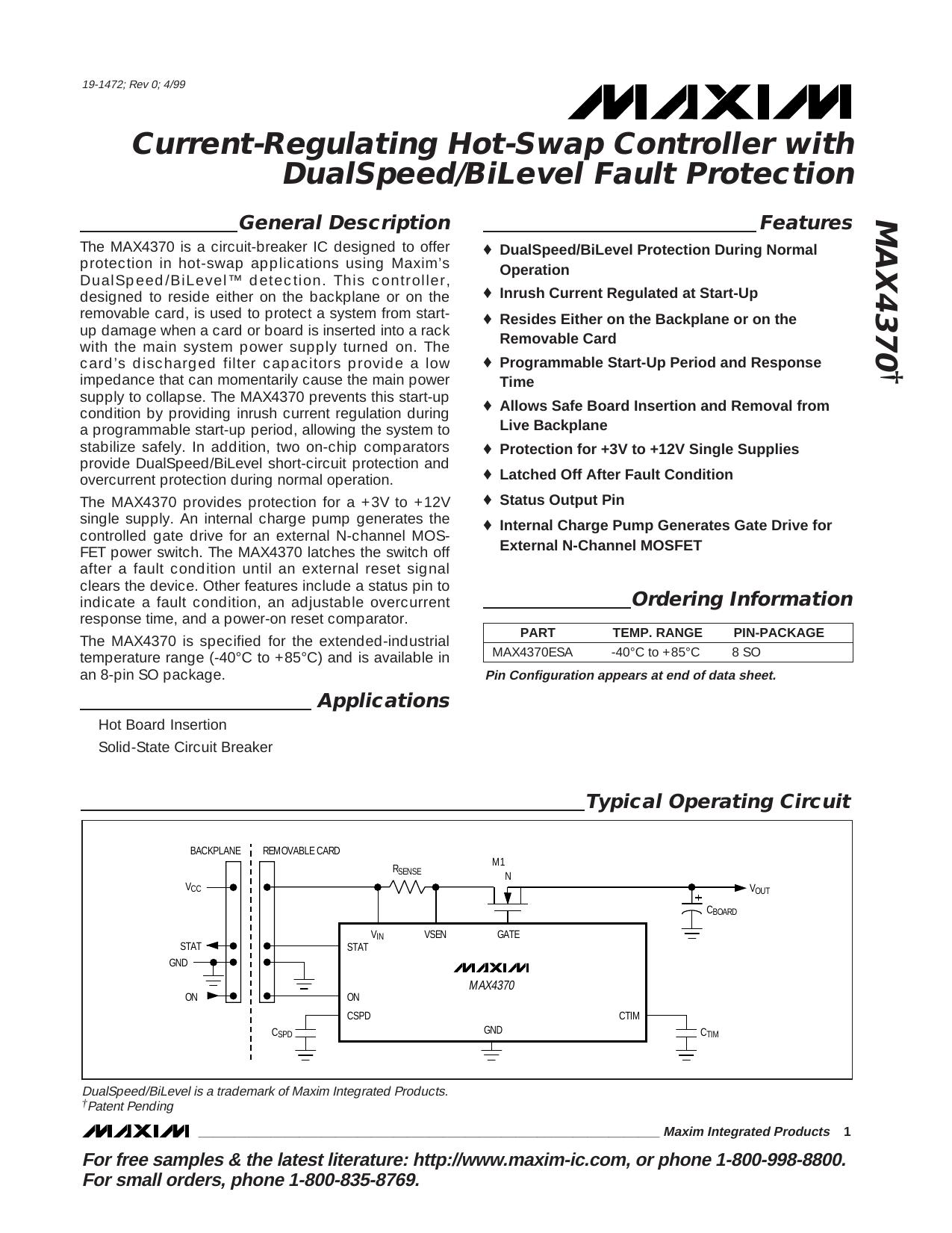 MAX4370 Full Data Sheet (PDF) by Maxim