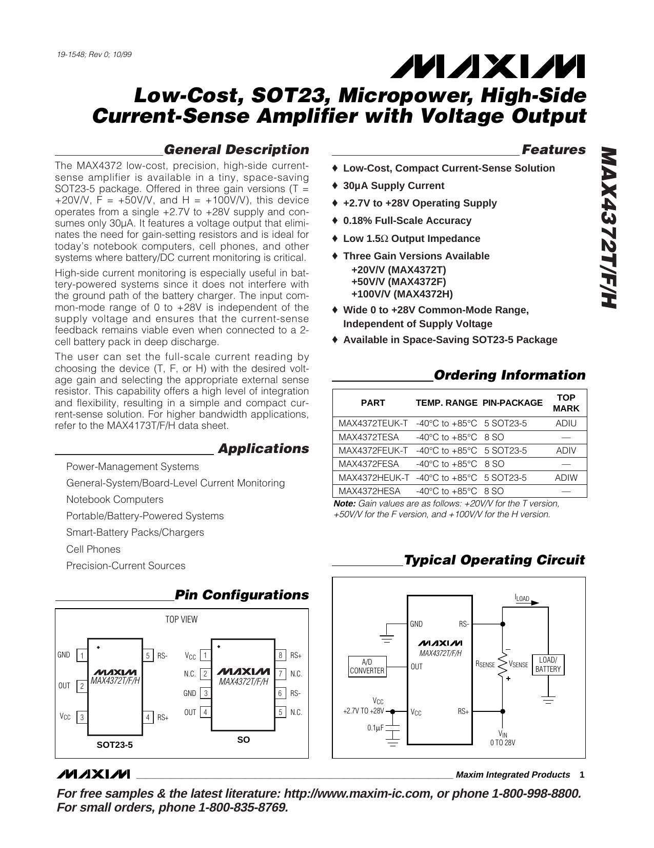 MAX4372TMAX4372FMAX4372H Full Data Sheet (PDF) by Maxim
