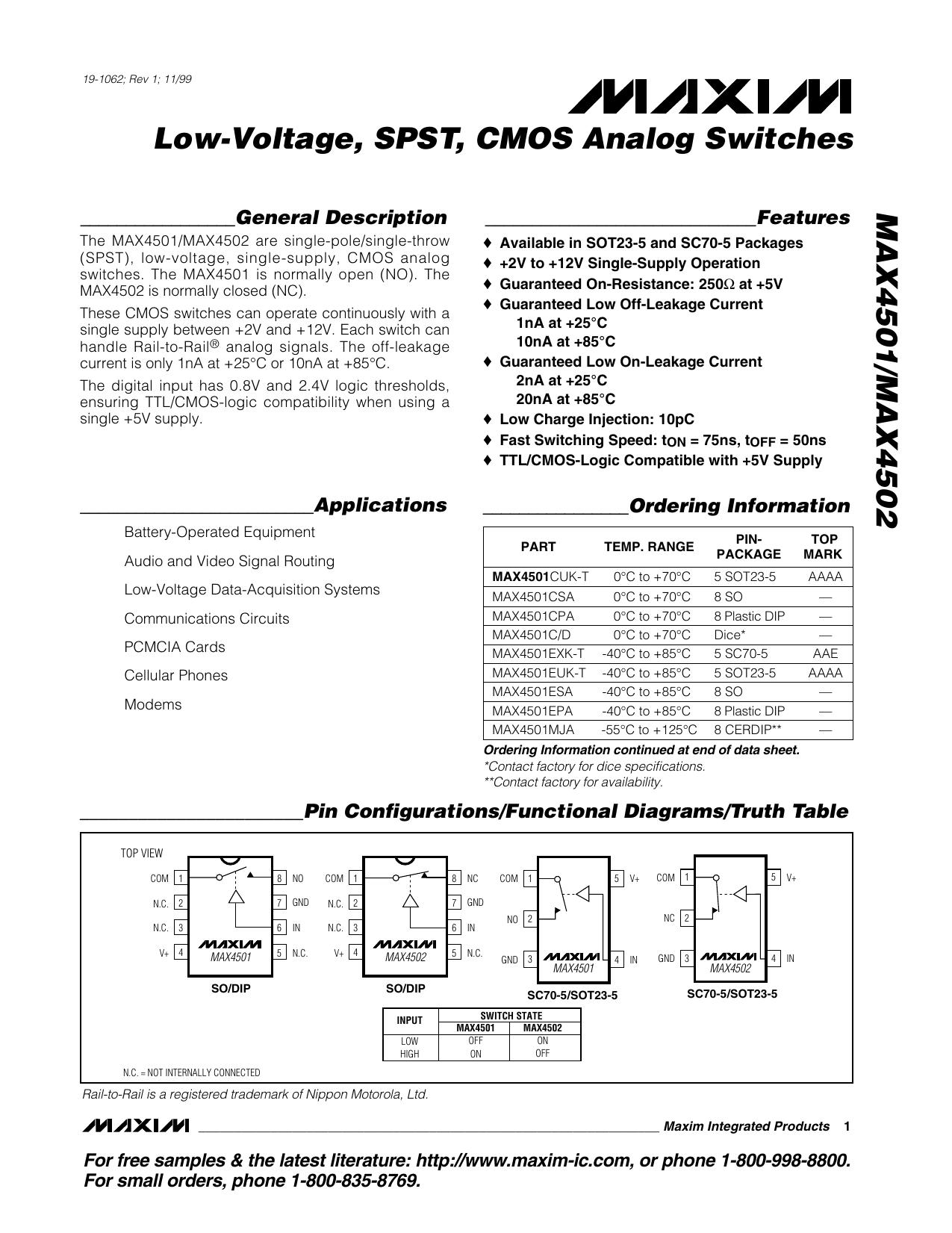 MAX4501MAX4502 Full Data Sheet (PDF) by Maxim