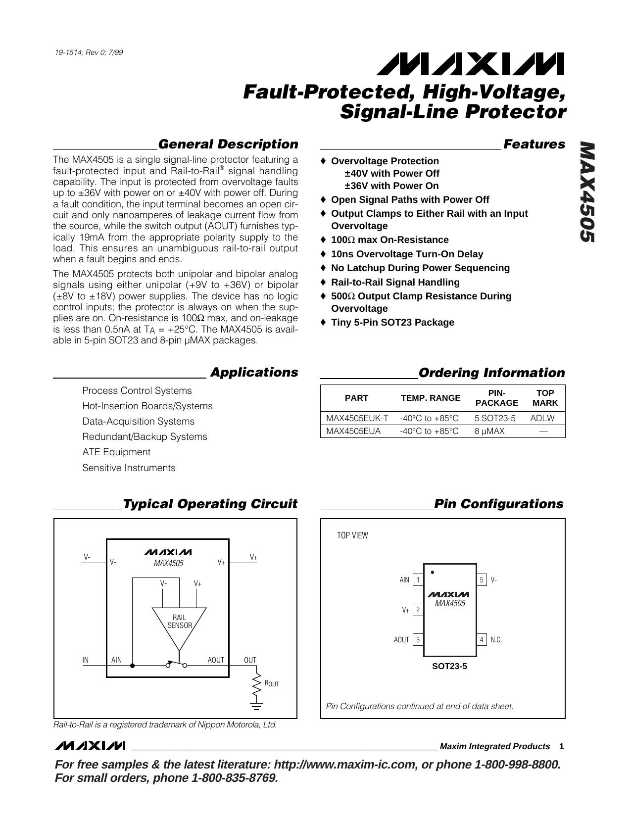 MAX4505 Full Data Sheet (PDF) by Maxim
