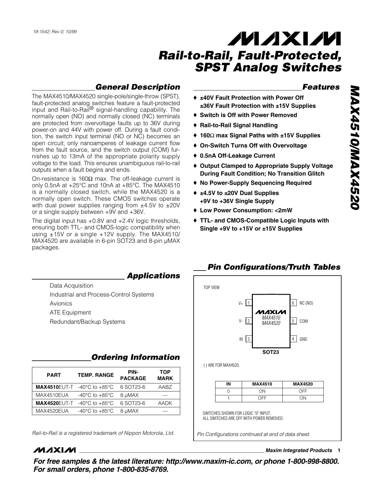 MAX4510MAX4520 Full Data Sheet (PDF) by Maxim