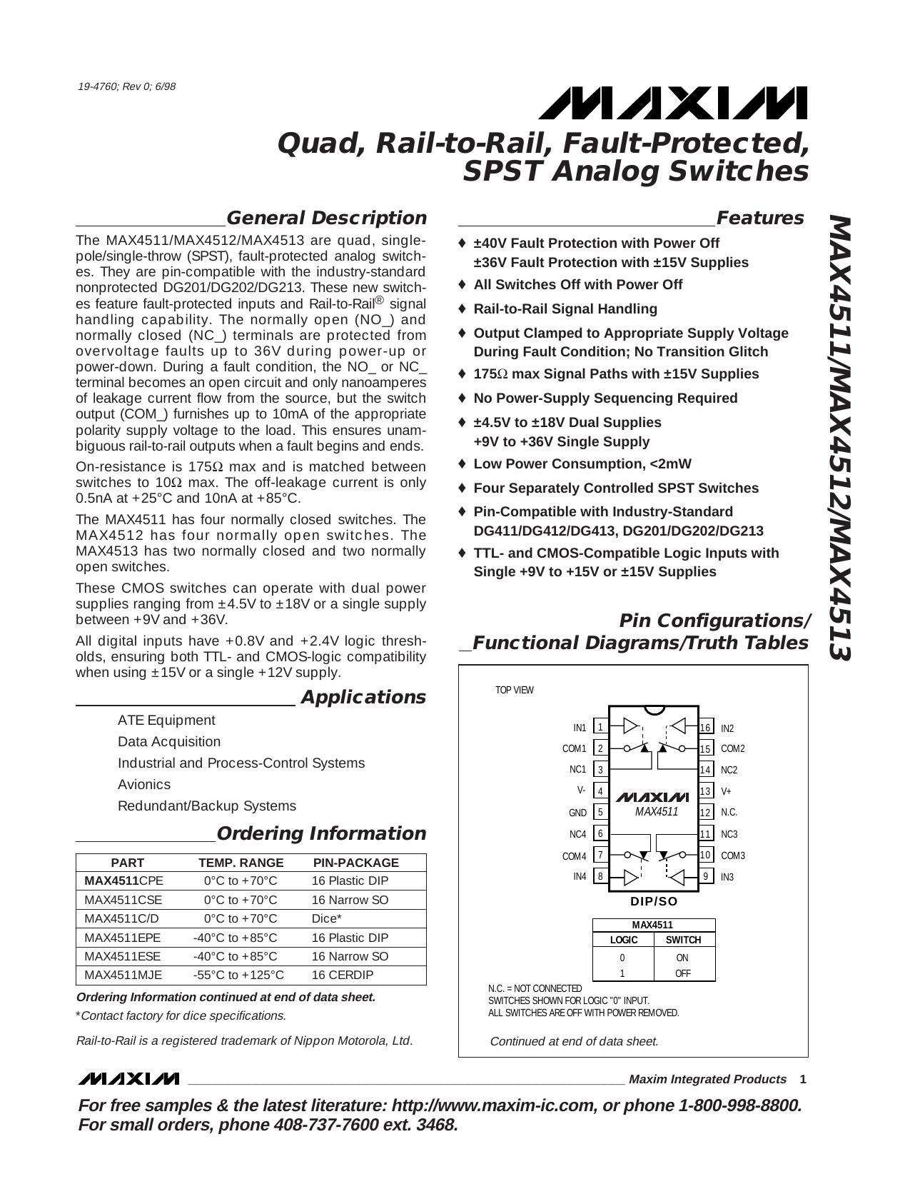 MAX4511MAX4512MAX4513 Full Data Sheet (PDF) by Maxim