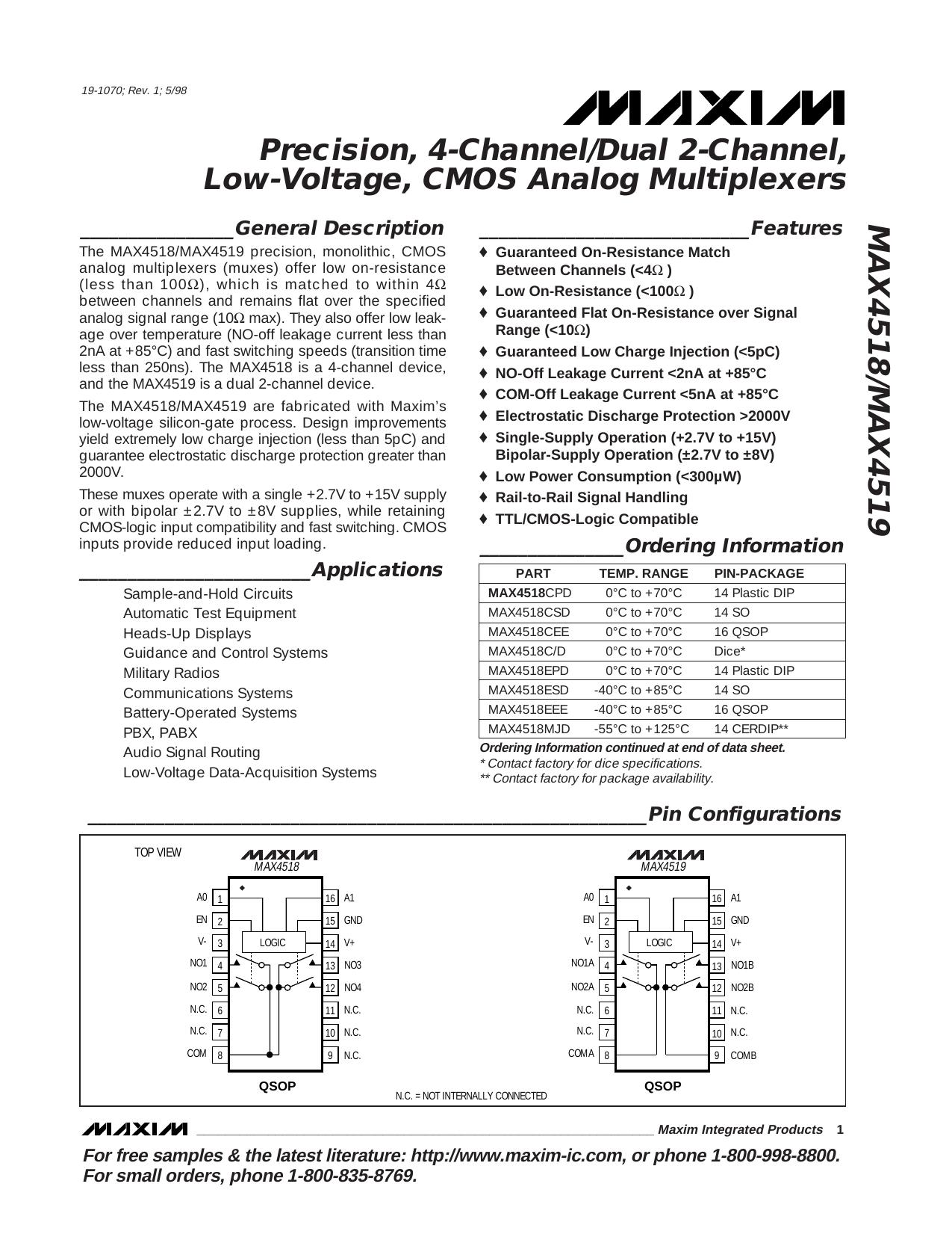 MAX4518MAX4519 Full Data Sheet (PDF) by Maxim