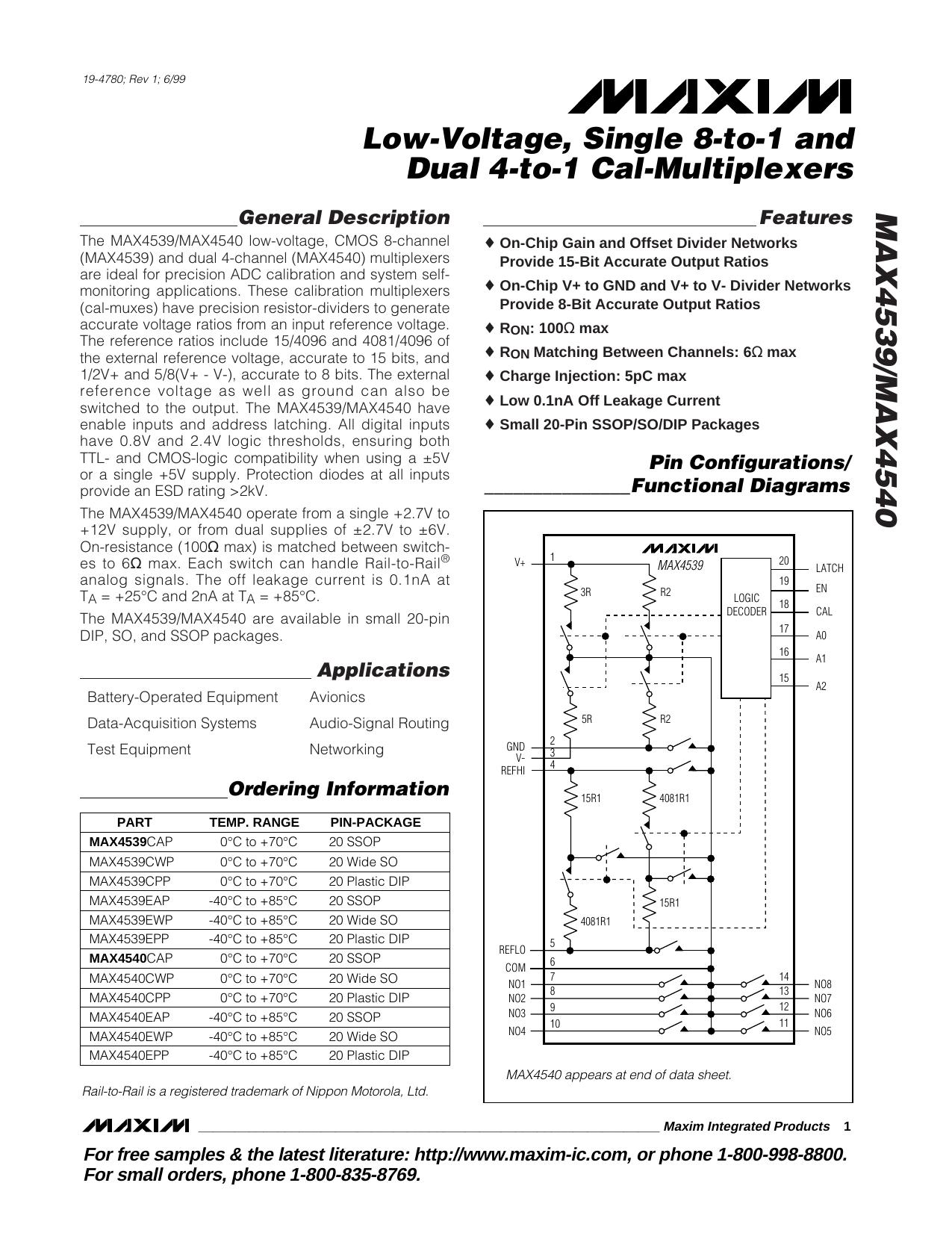 MAX4539MAX4540 Full Data Sheet (PDF) by Maxim