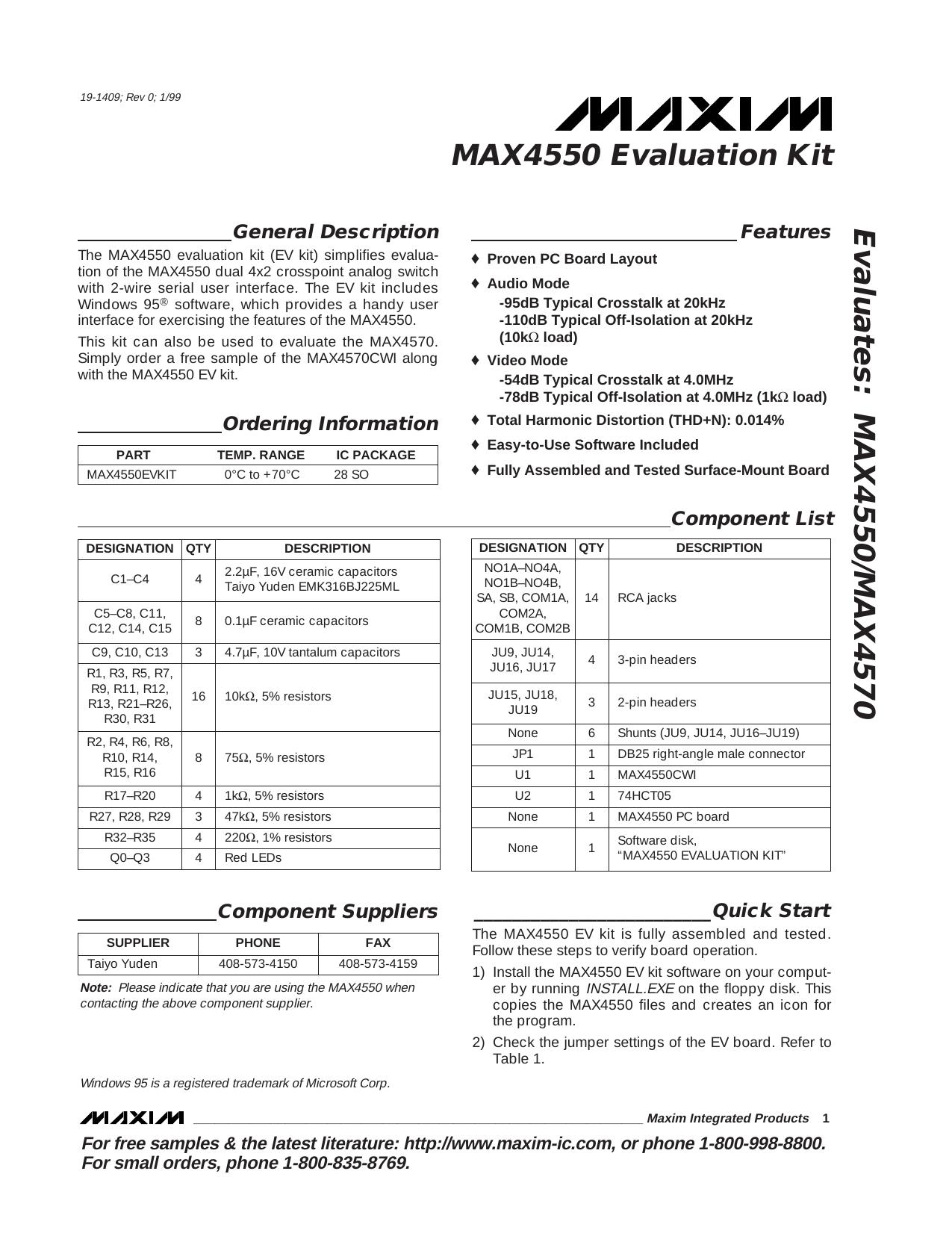 MAX4550 EV Kit Full Data Sheet (PDF) by Maxim