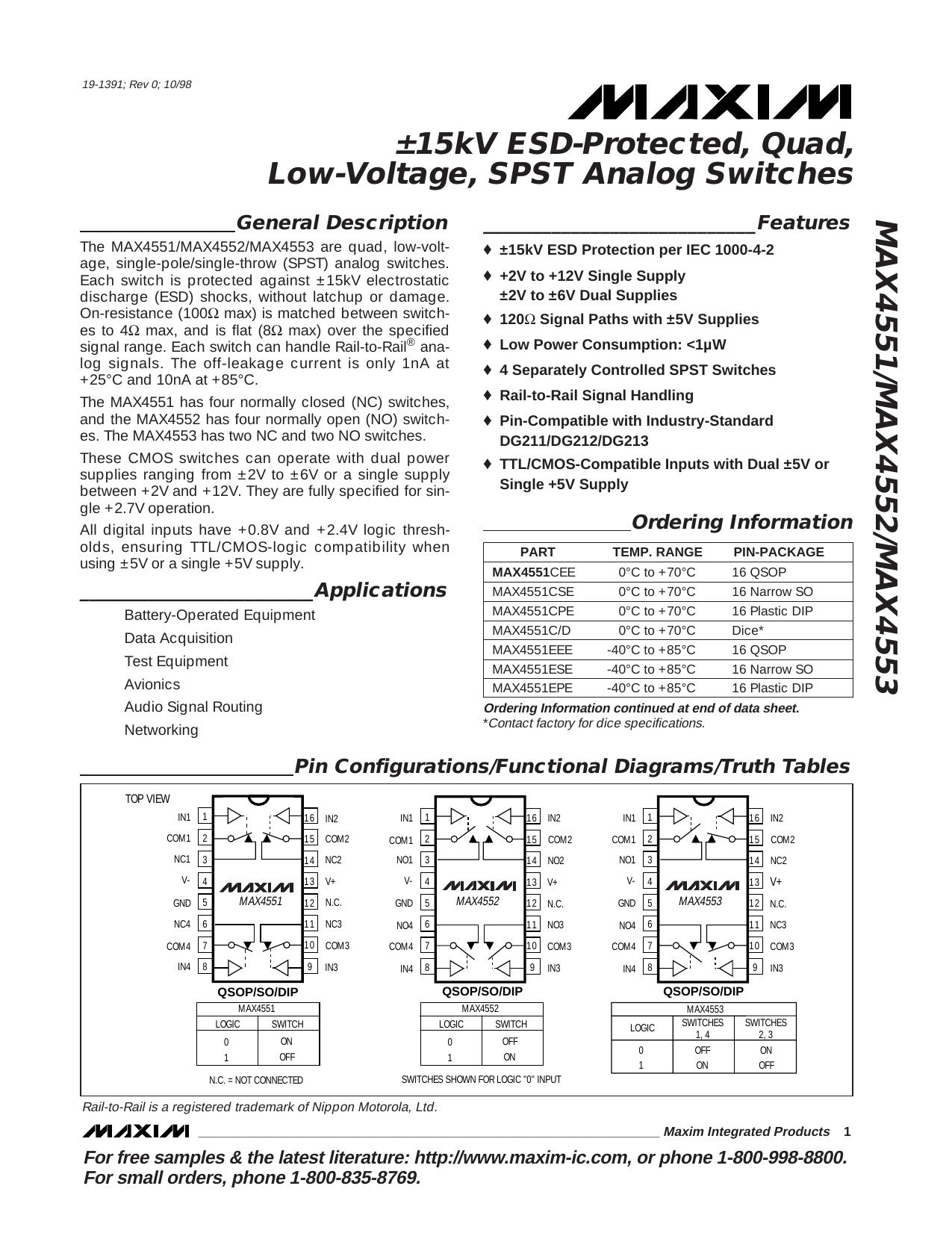 MAX4551MAX4552MAX4553 Full Data Sheet (PDF) by Maxim