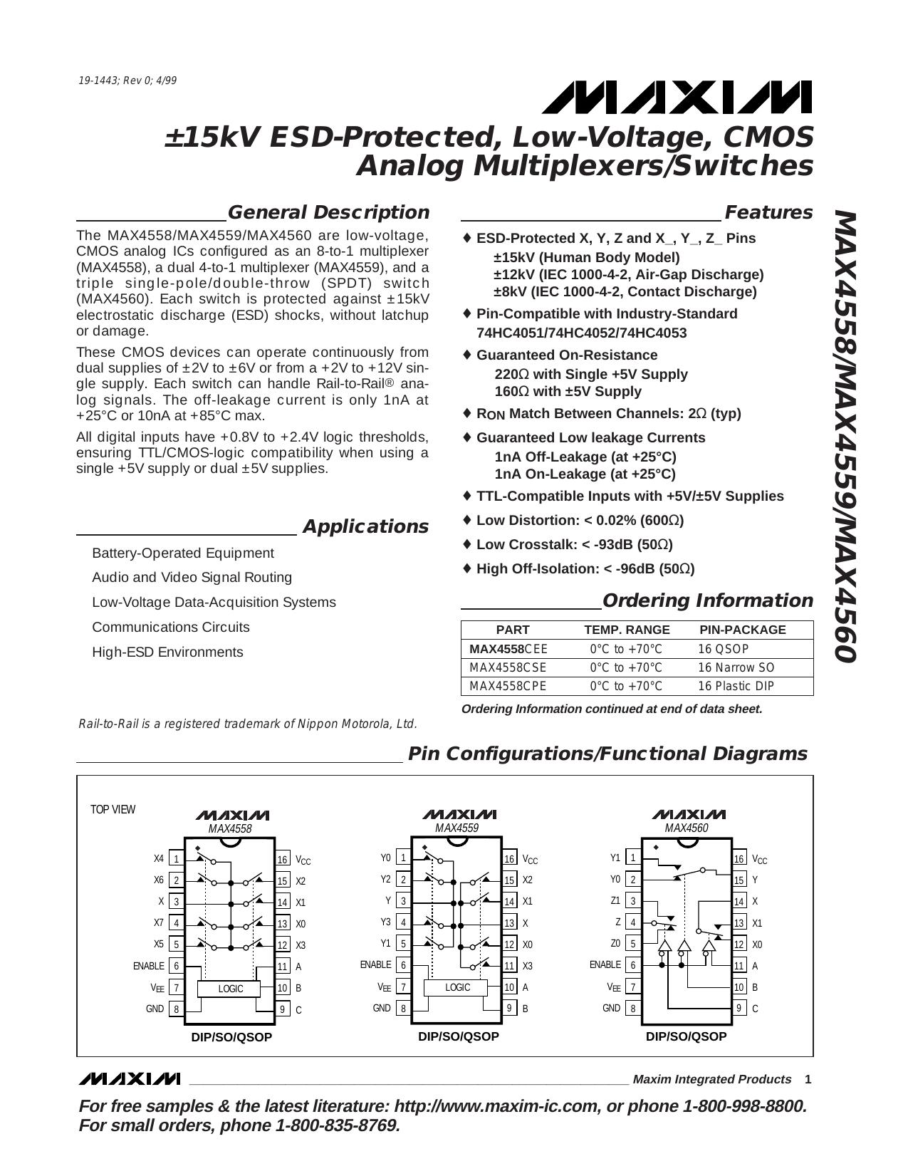 MAX4558MAX4559MAX4560 Full Data Sheet (PDF) by Maxim