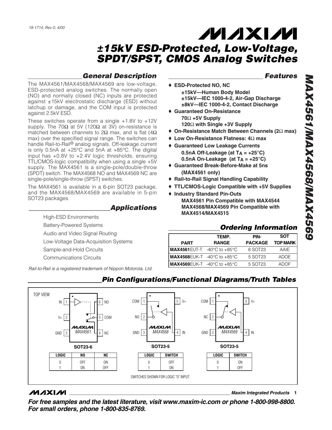MAX4561MAX4568MAX4569 Full Data Sheet (PDF) by Maxim
