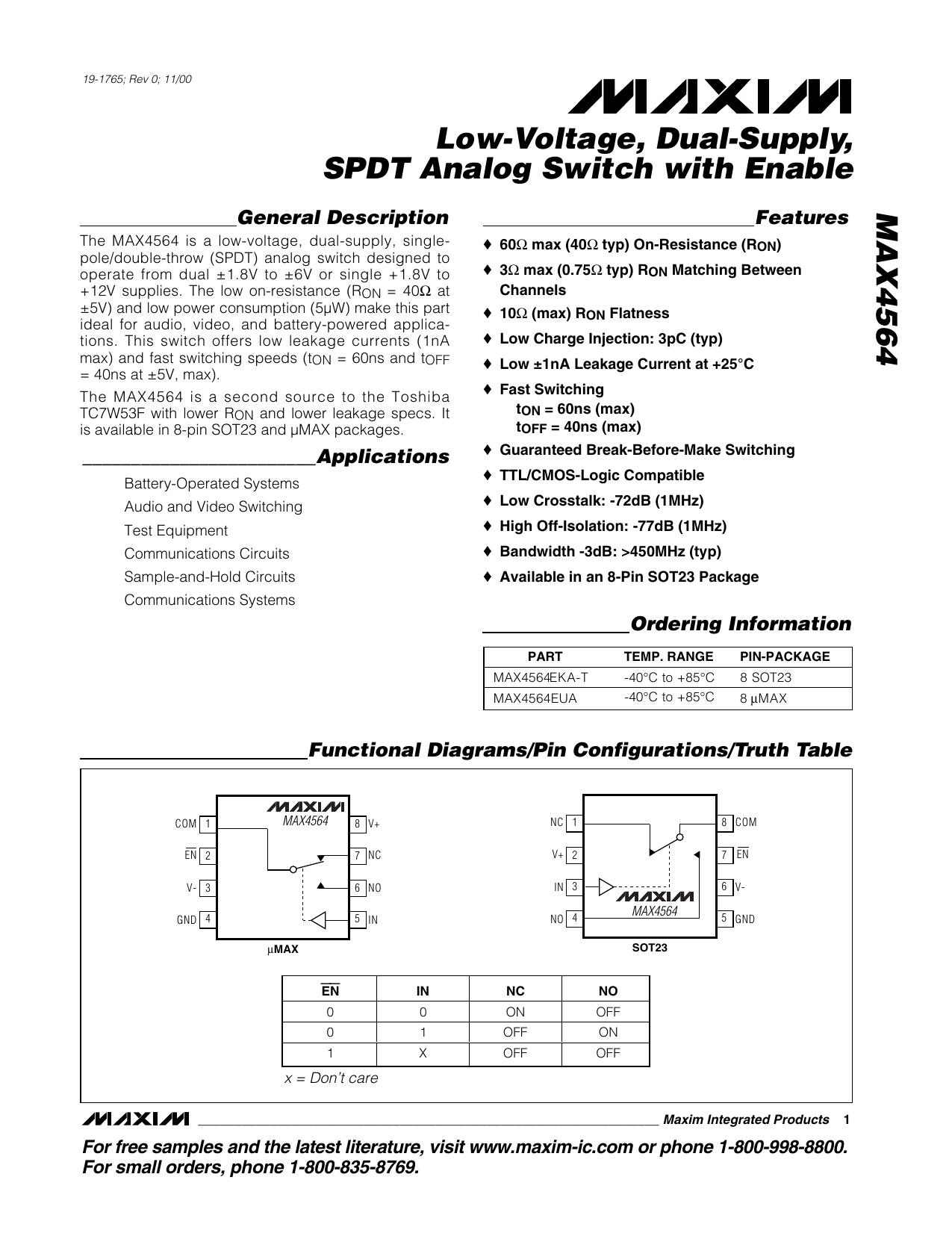MAX4564 Full Data Sheet (PDF) by Maxim