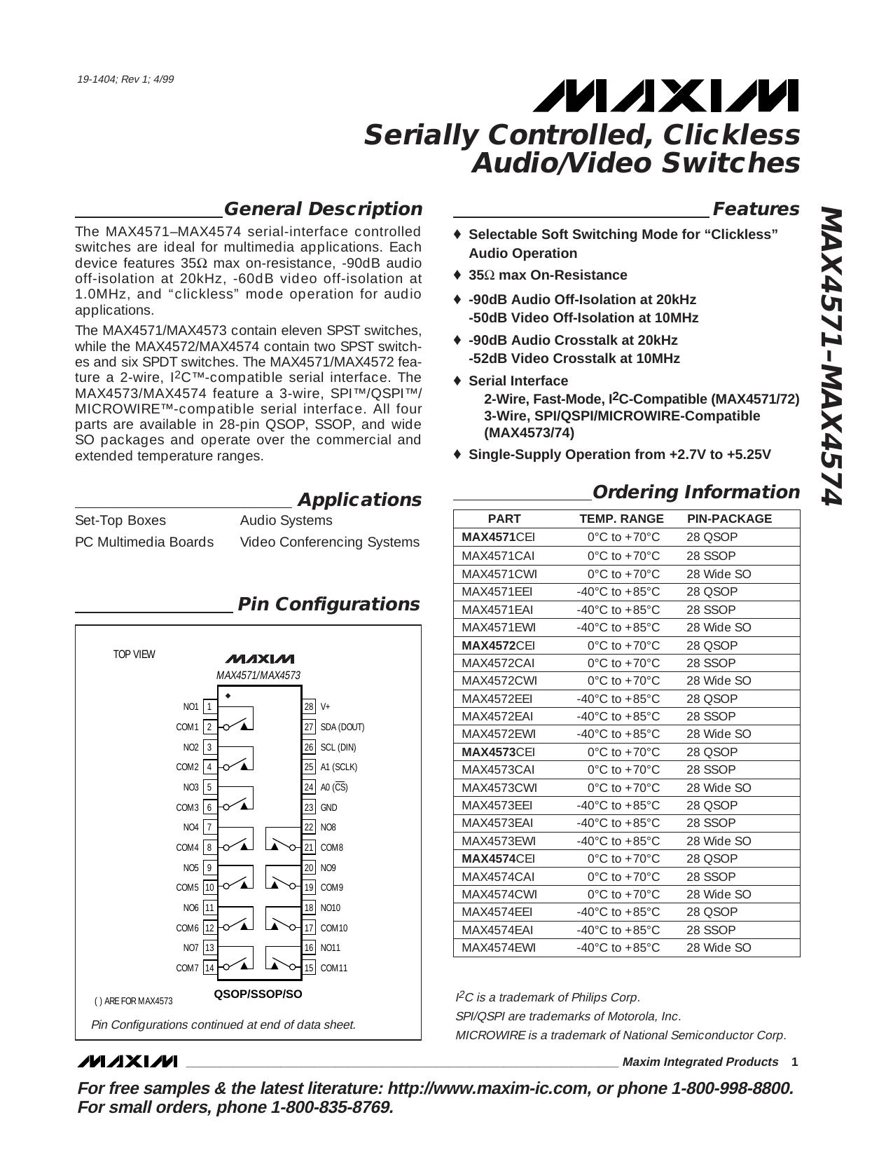 MAX4571MAX4572MAX4573MAX4574 Full Data Sheet (PDF) by Maxim