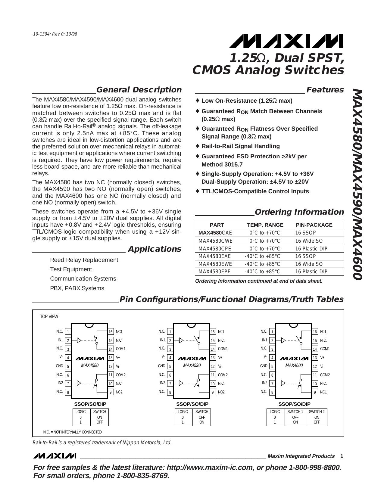 MAX4580MAX4590MAX4600 Full Data Sheet (PDF) by Maxim