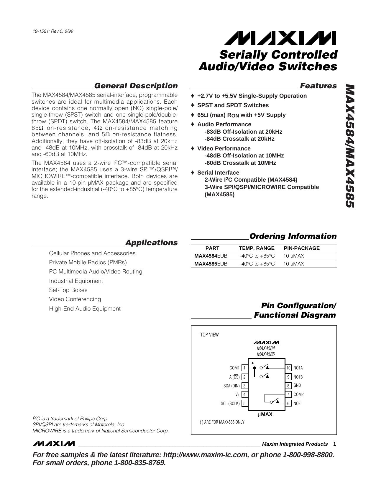 MAX4584MAX4585 Full Data Sheet (PDF) by Maxim