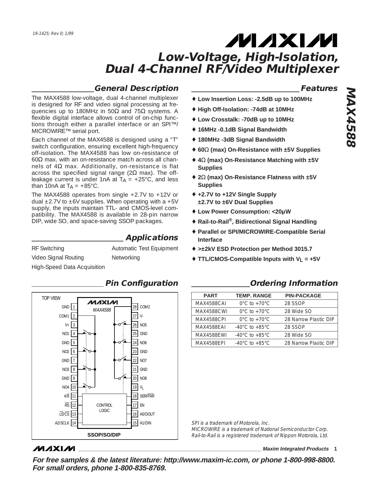 MAX4588 Full Data Sheet (PDF) by Maxim