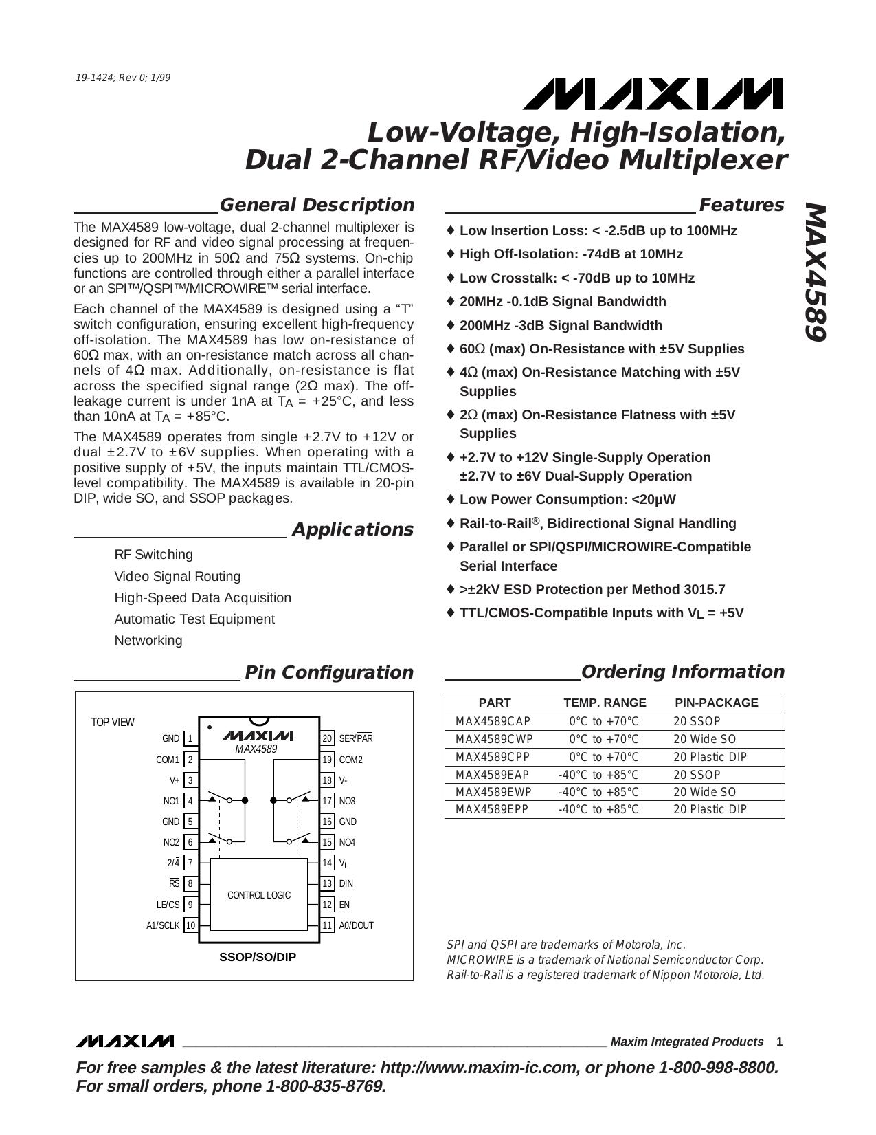 MAX4589 Full Data Sheet (PDF) by Maxim