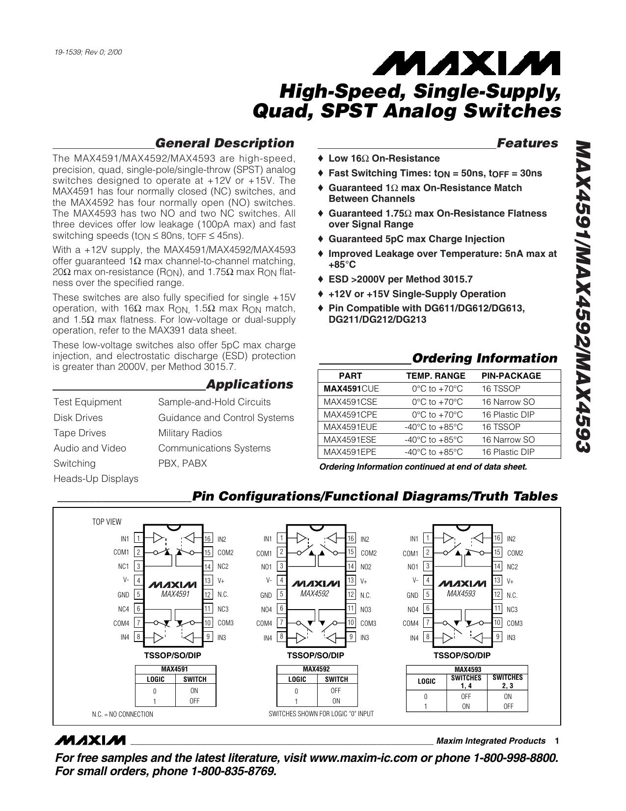 MAX4591MAX4592MAX4593 Full Data Sheet (PDF) by Maxim