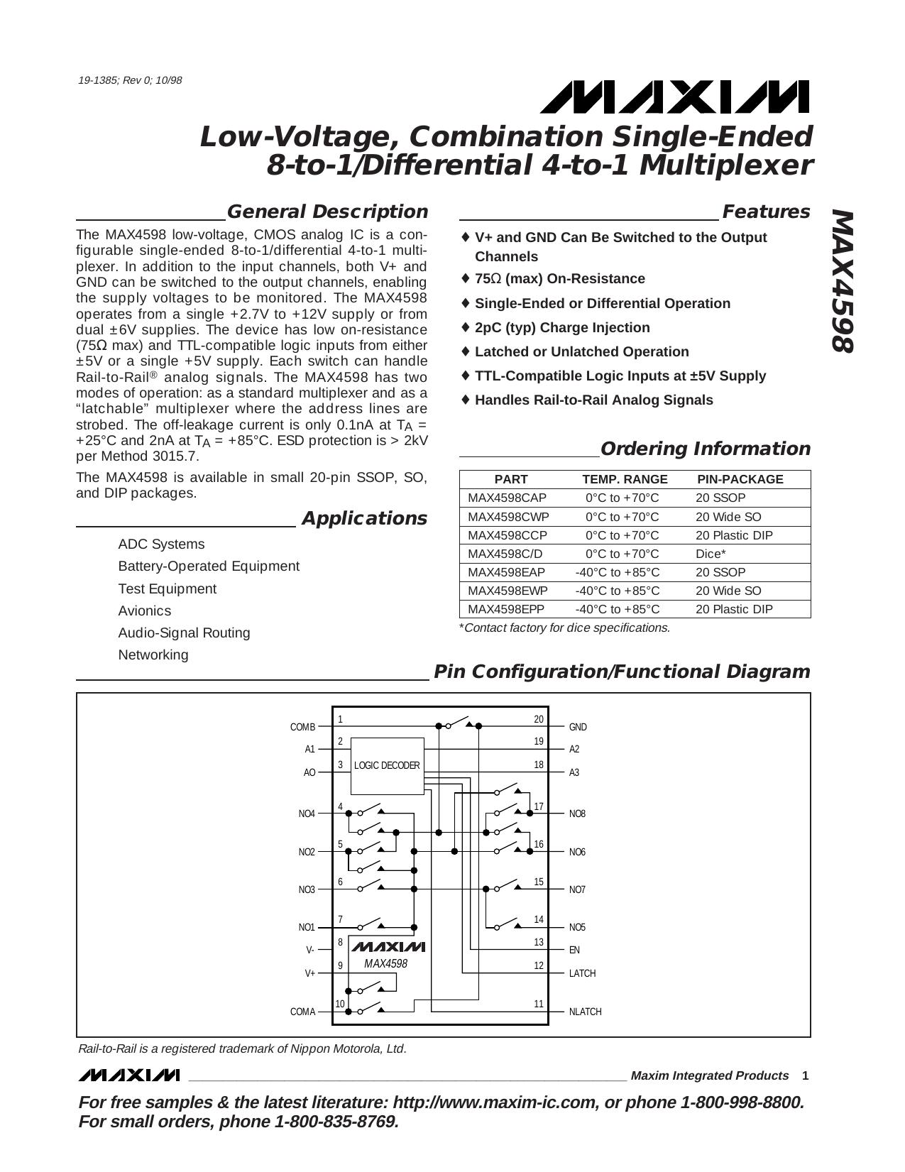 MAX4598 Full Data Sheet (PDF) by Maxim