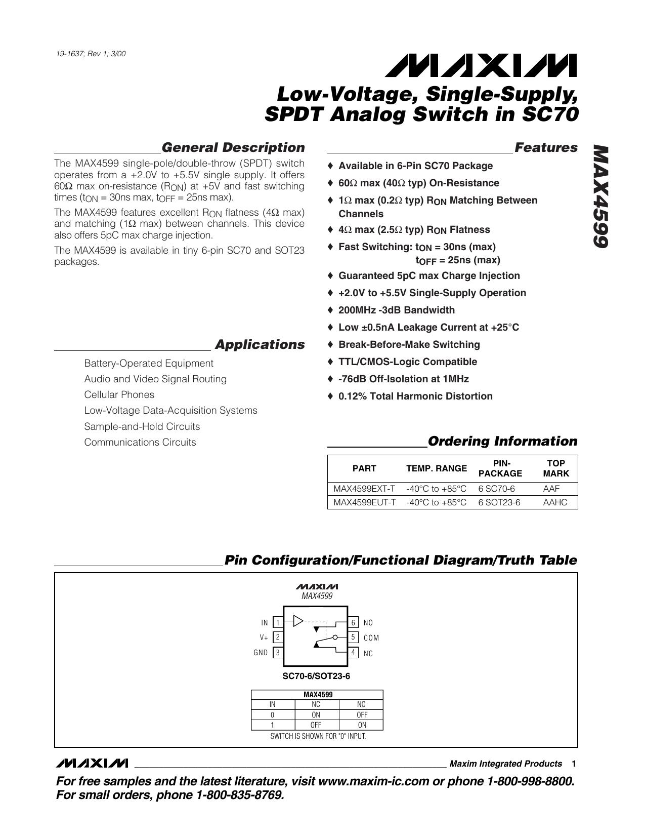 MAX4599 Full Data Sheet (PDF) by Maxim