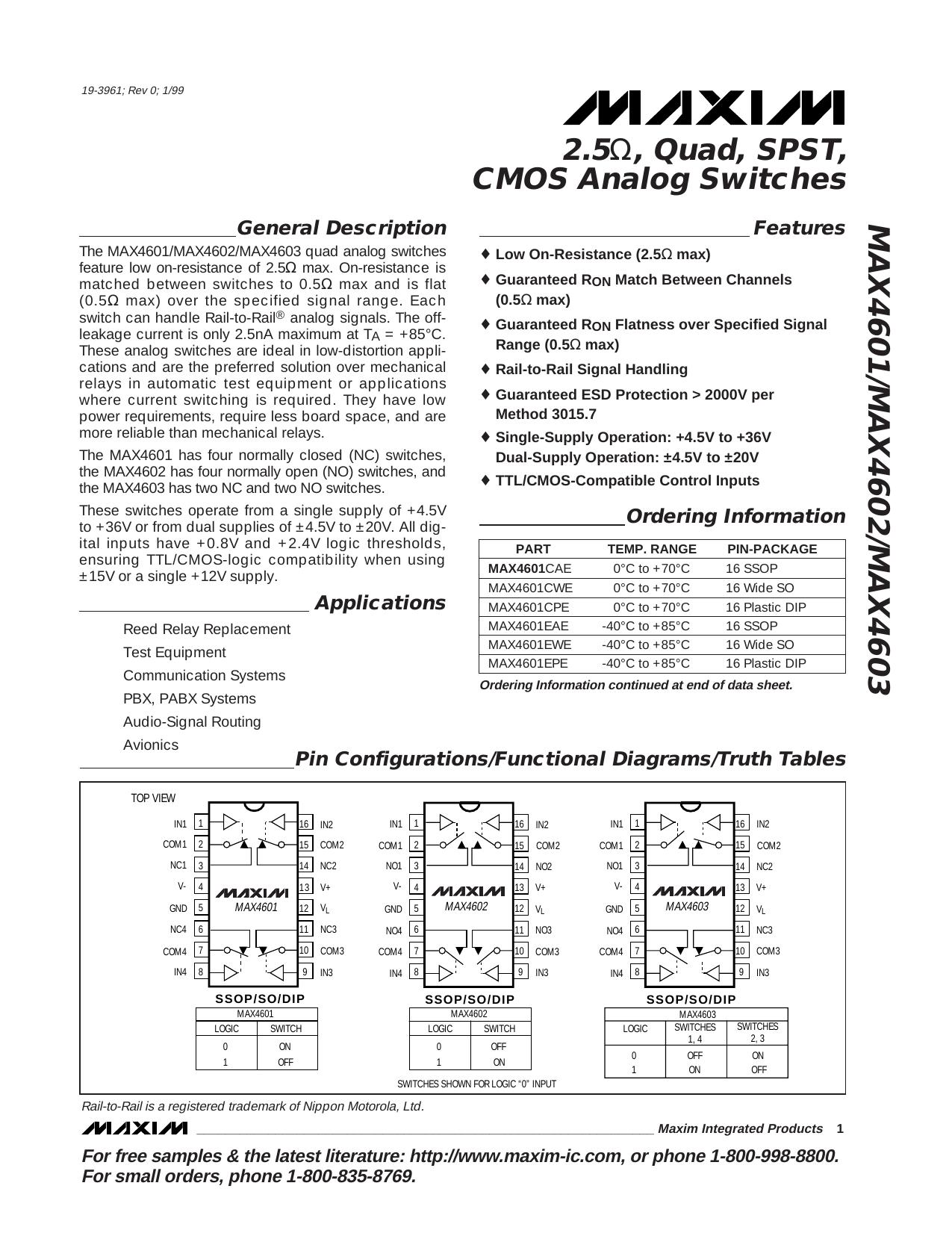MAX4601MAX4602MAX4603 Full Data Sheet (PDF) by Maxim
