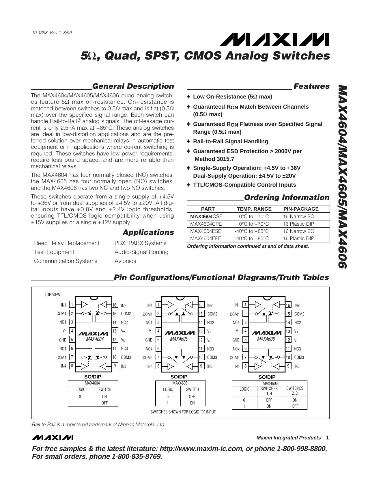 MAX4604MAX4605MAX4606 Full Data Sheet (PDF) by Maxim