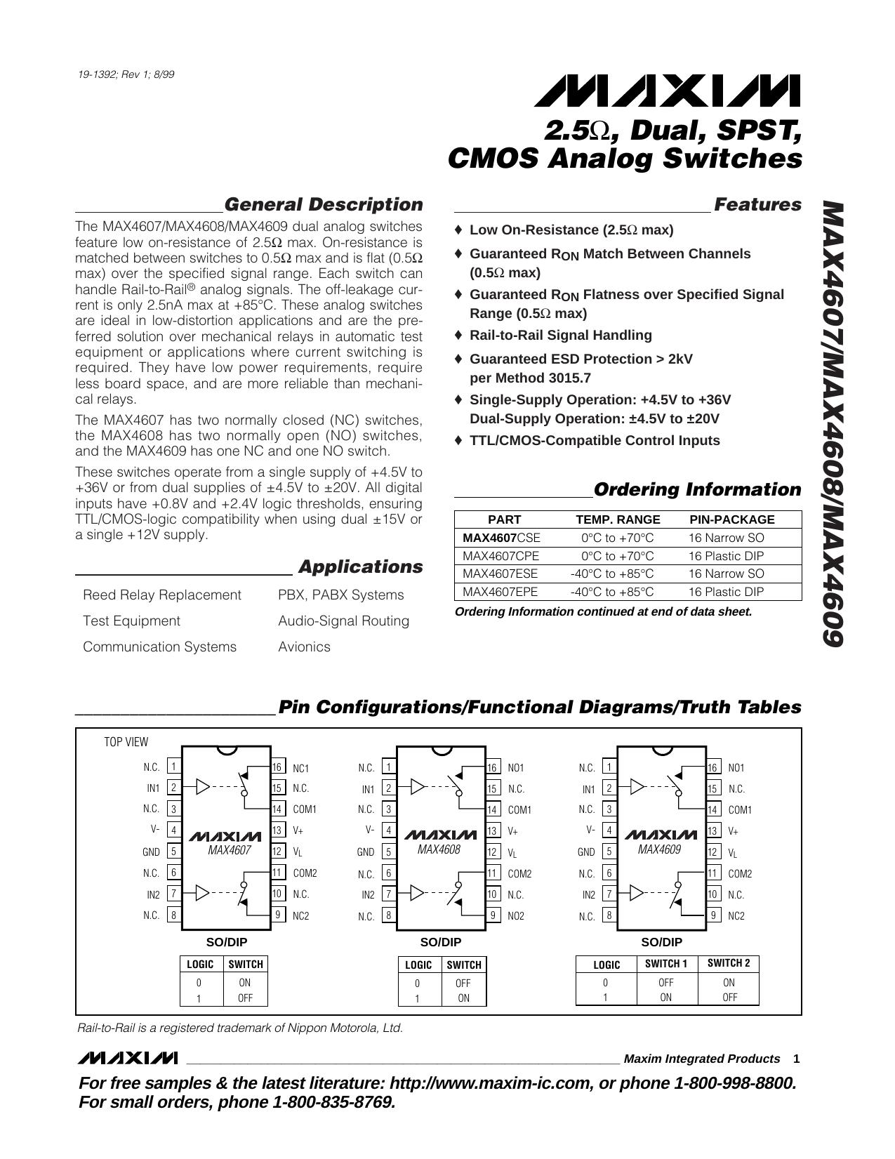 MAX4607MAX4608MAX4609 Full Data Sheet (PDF) by Maxim