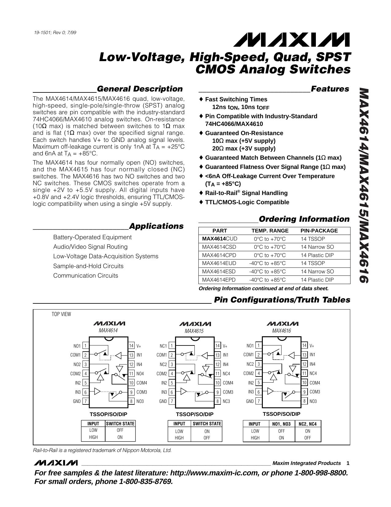 MAX4614MAX4615MAX4616 Full Data Sheet (PDF) by Maxim