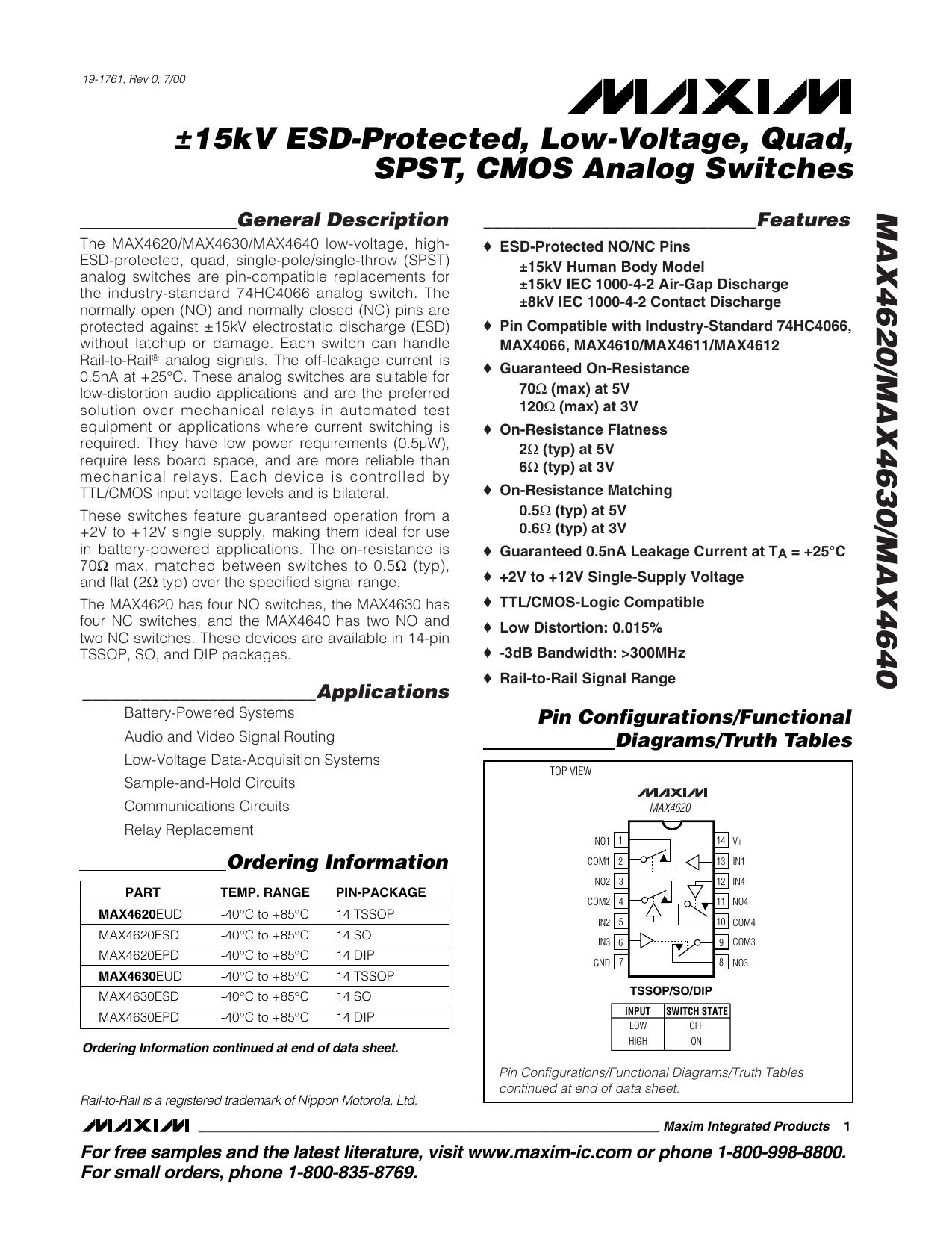 MAX4620MAX4630MAX4640 Full Data Sheet (PDF) by Maxim