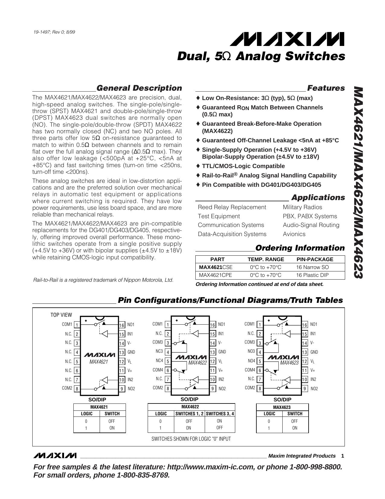 MAX4621MAX4622MAX4623 Full Data Sheet (PDF) by Maxim