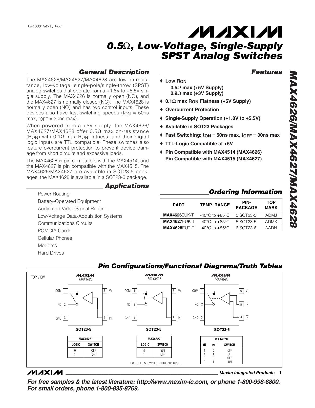 MAX4626MAX4627MAX4628 Full Data Sheet (PDF) by Maxim