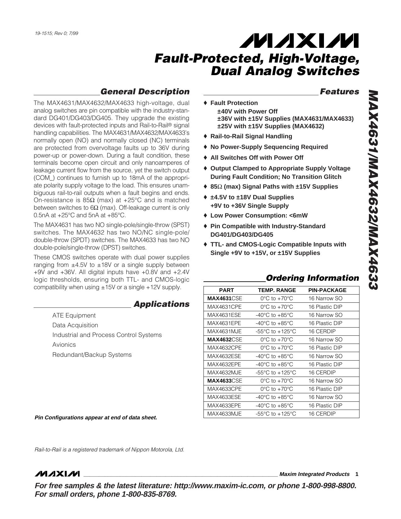 MAX4631MAX4632MAX4633 Full Data Sheet (PDF) by Maxim
