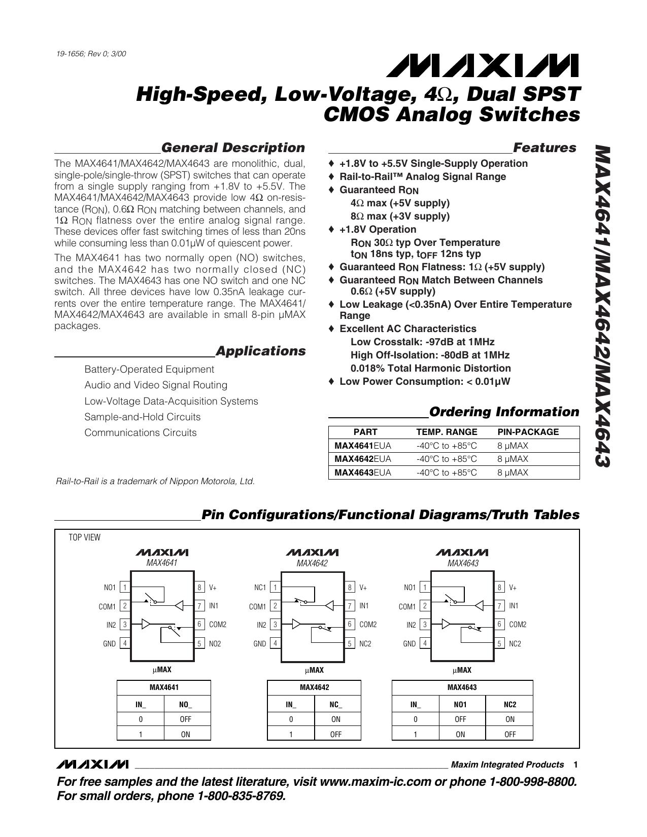 MAX4641MAX4642MAX4643 Full Data Sheet (PDF) by Maxim