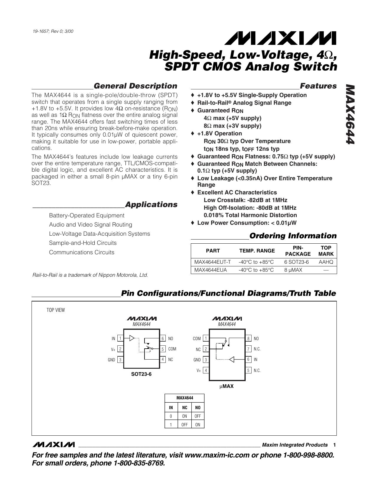 MAX4644 Full Data Sheet (PDF) by Maxim