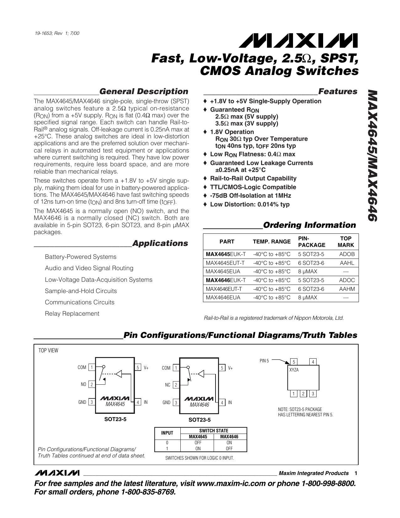 MAX4645MAX4646 Full Data Sheet (PDF) by Maxim