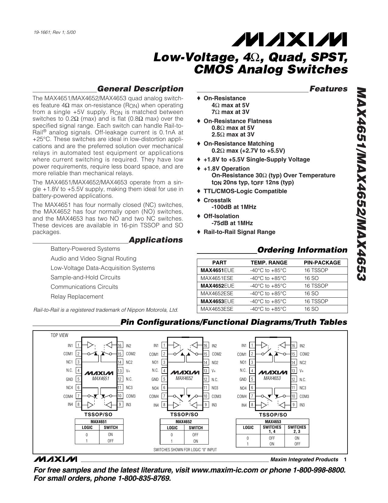 MAX4651MAX4652MAX4653 Full Data Sheet (PDF) by Maxim