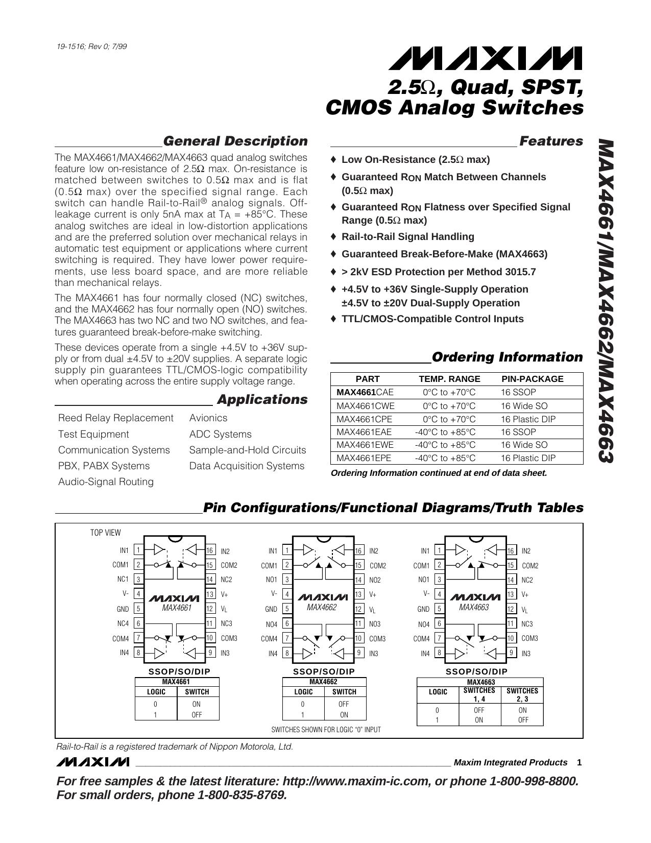 MAX4661MAX4662MAX4663 Full Data Sheet (PDF) by Maxim