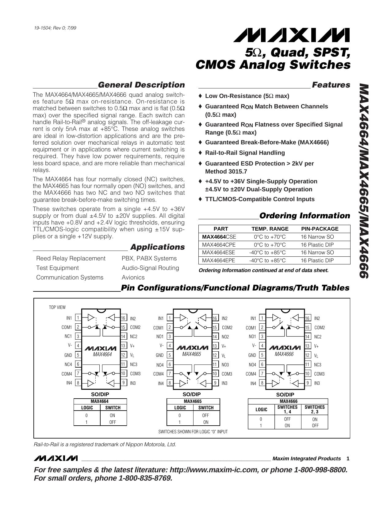 MAX4664MAX4665MAX4666 Full Data Sheet (PDF) by Maxim