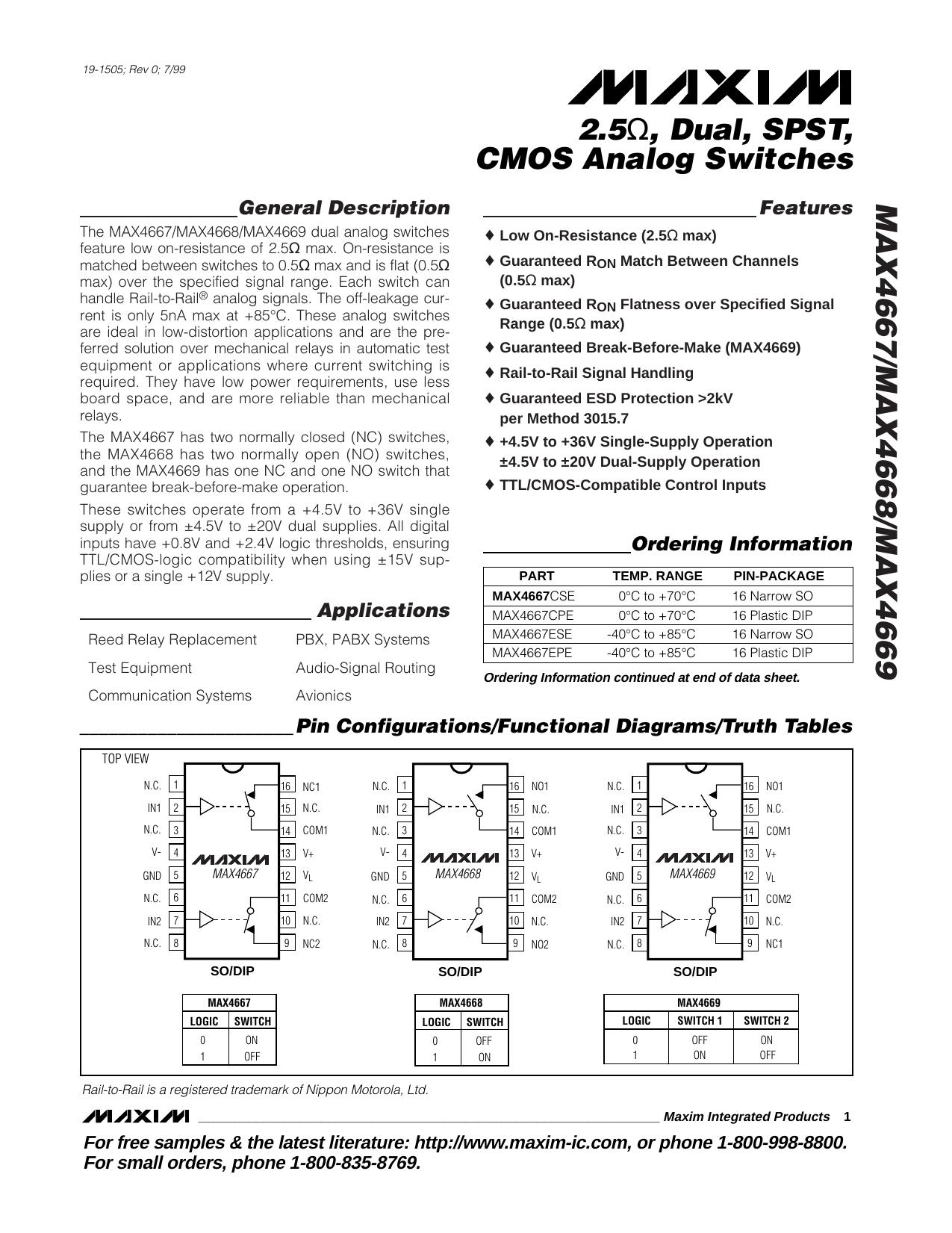 MAX4667MAX4668MAX4669 Full Data Sheet (PDF) by Maxim