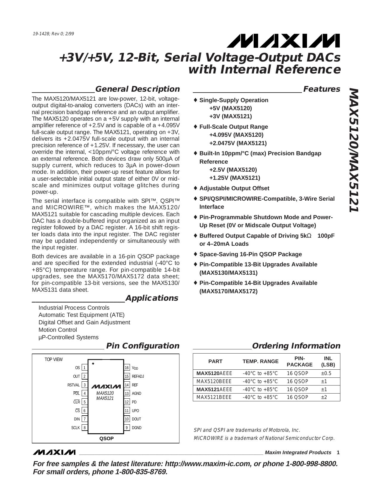 MAX5120MAX5121 Full Data Sheet (PDF) by Maxim
