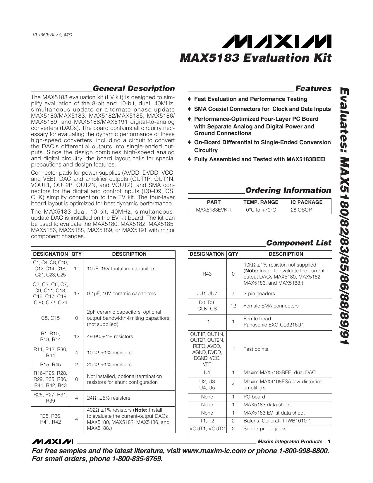 MAX5180 EV Kit Full Data Sheet (PDF) by Maxim