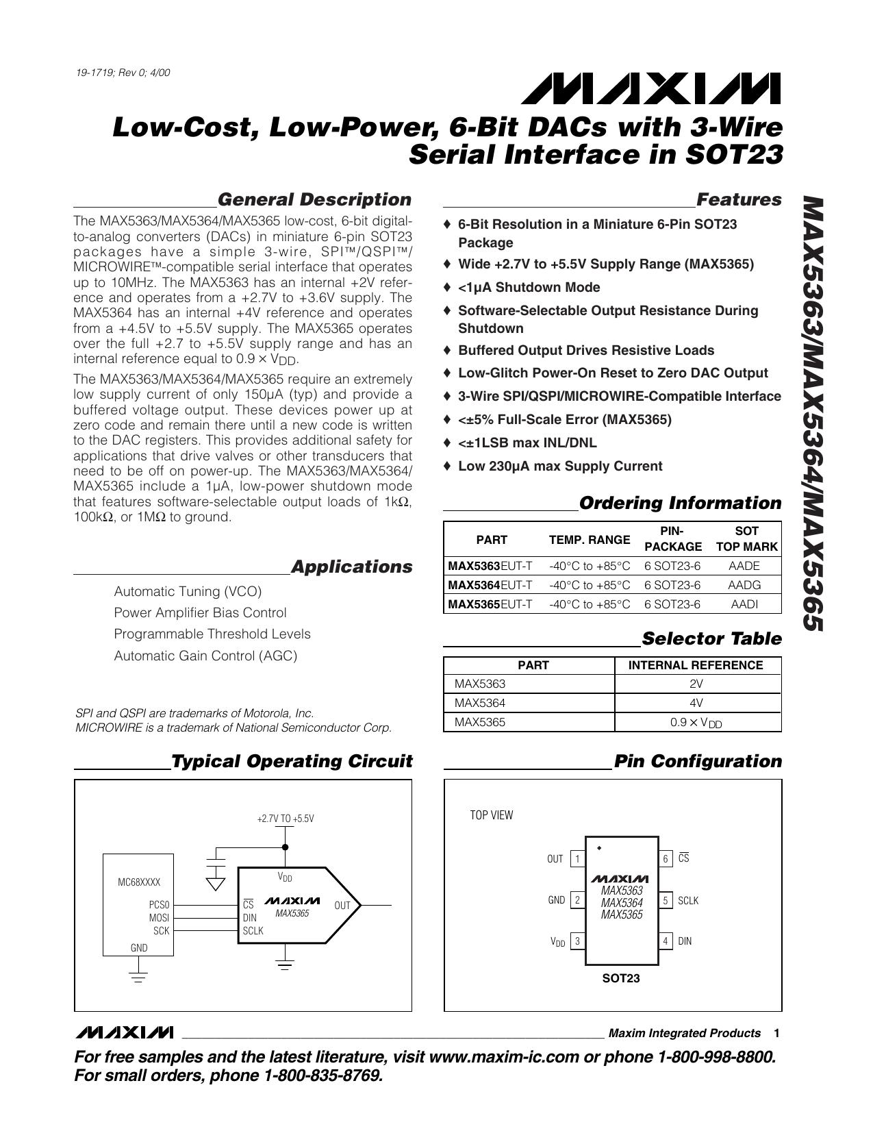 MAX5363MAX5364MAX5365 Full Data Sheet (PDF) by Maxim