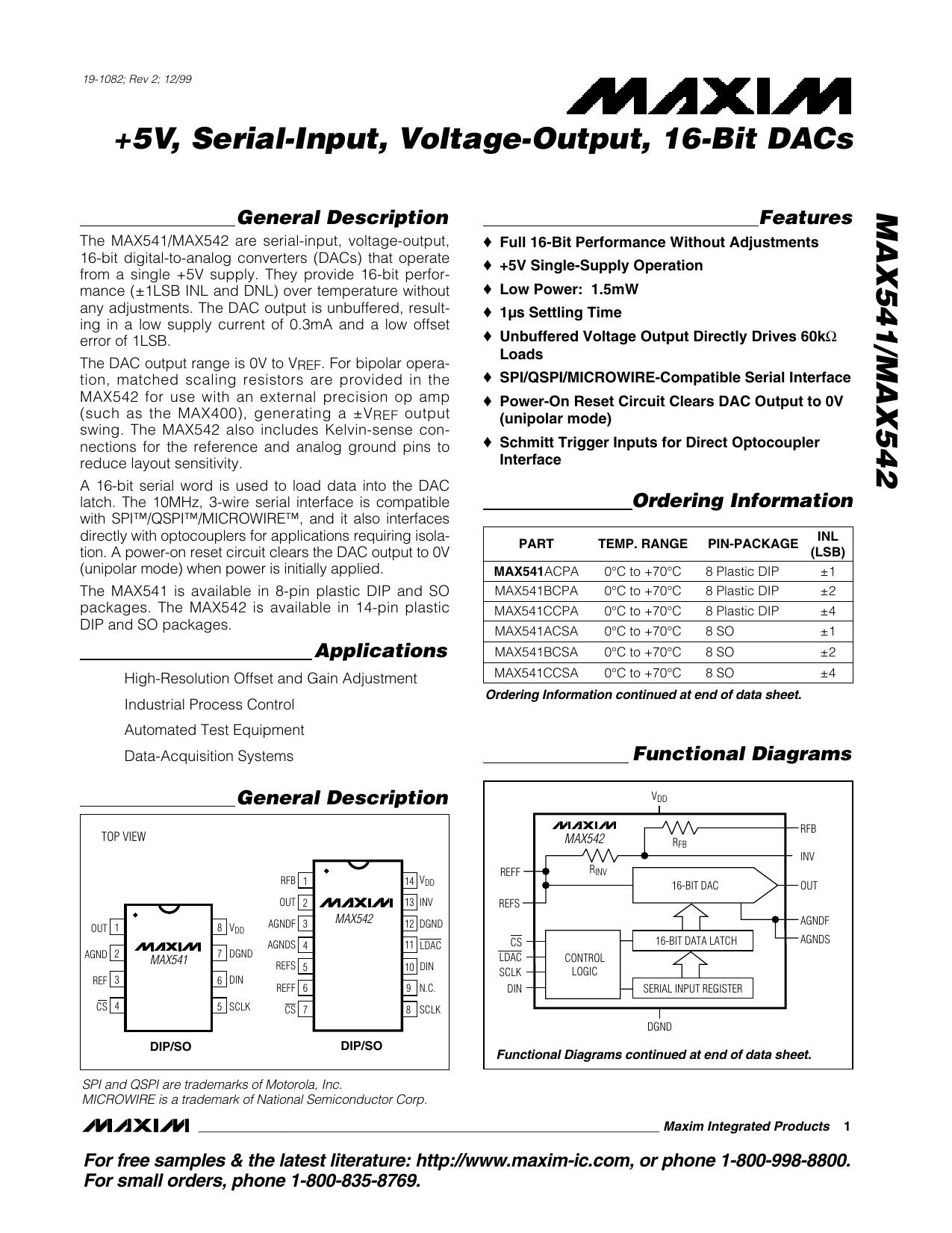 MAX541MAX542 Full Data Sheet (PDF) by Maxim