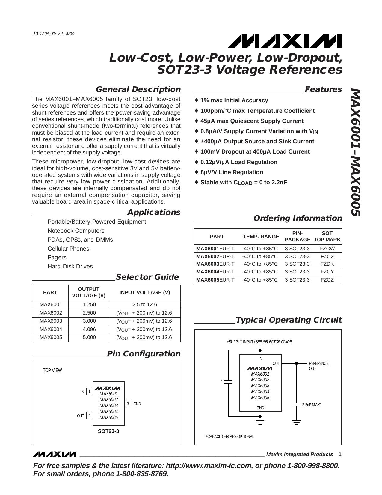 MAX6001MAX6002MAX6003MAX6004MAX6005 Full Data Sheet (PDF) by Maxim