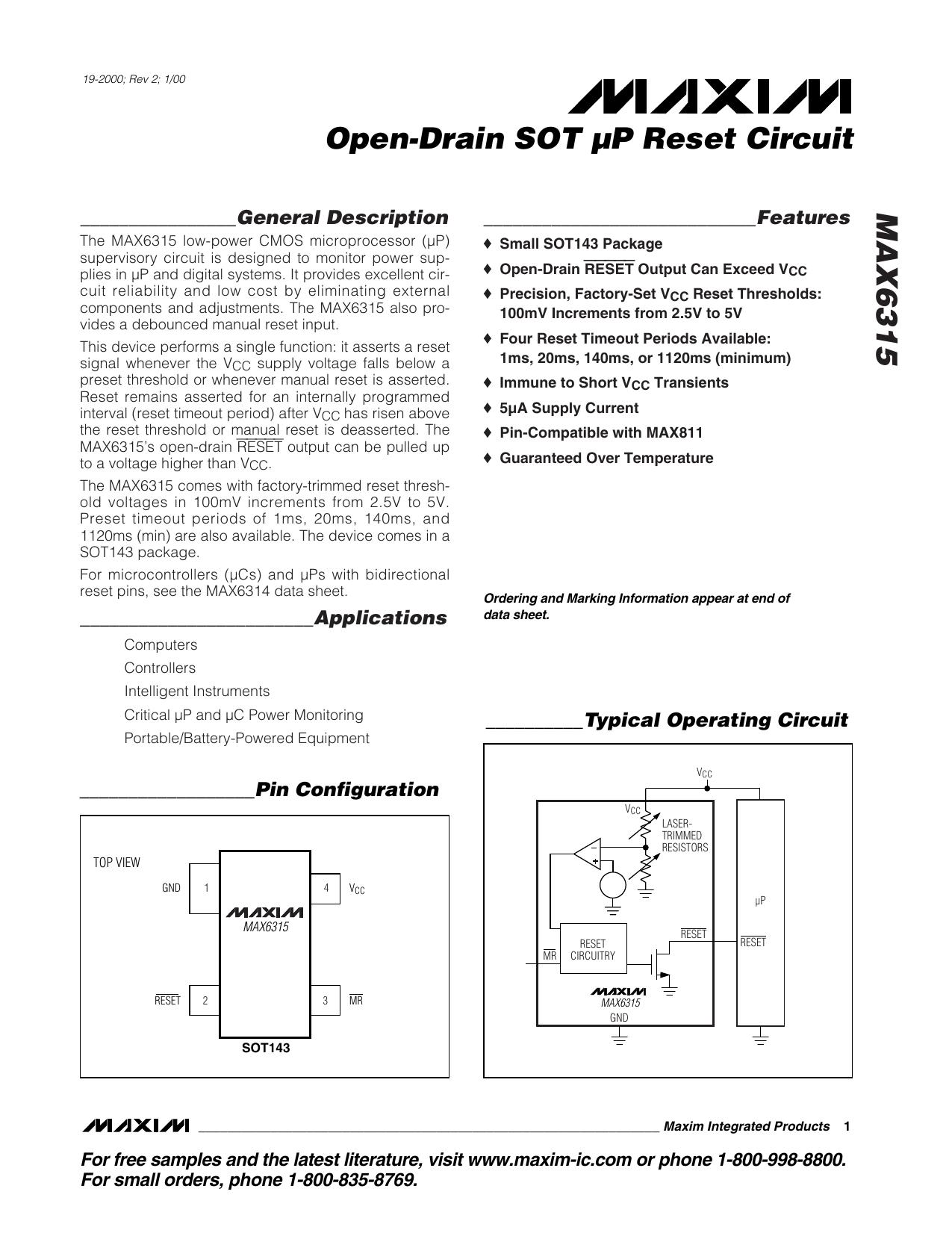 MAX6315 Full Data Sheet (PDF) by Maxim