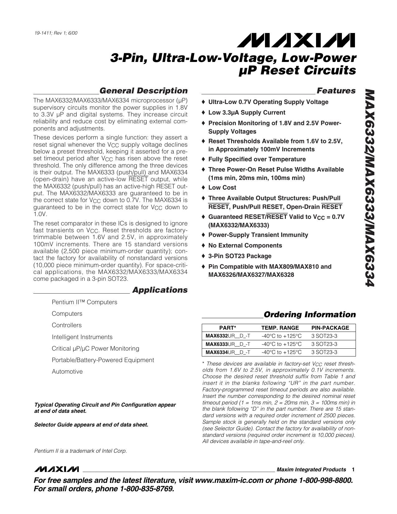 MAX6332MAX6333MAX6334 Full Data Sheet (PDF) by Maxim