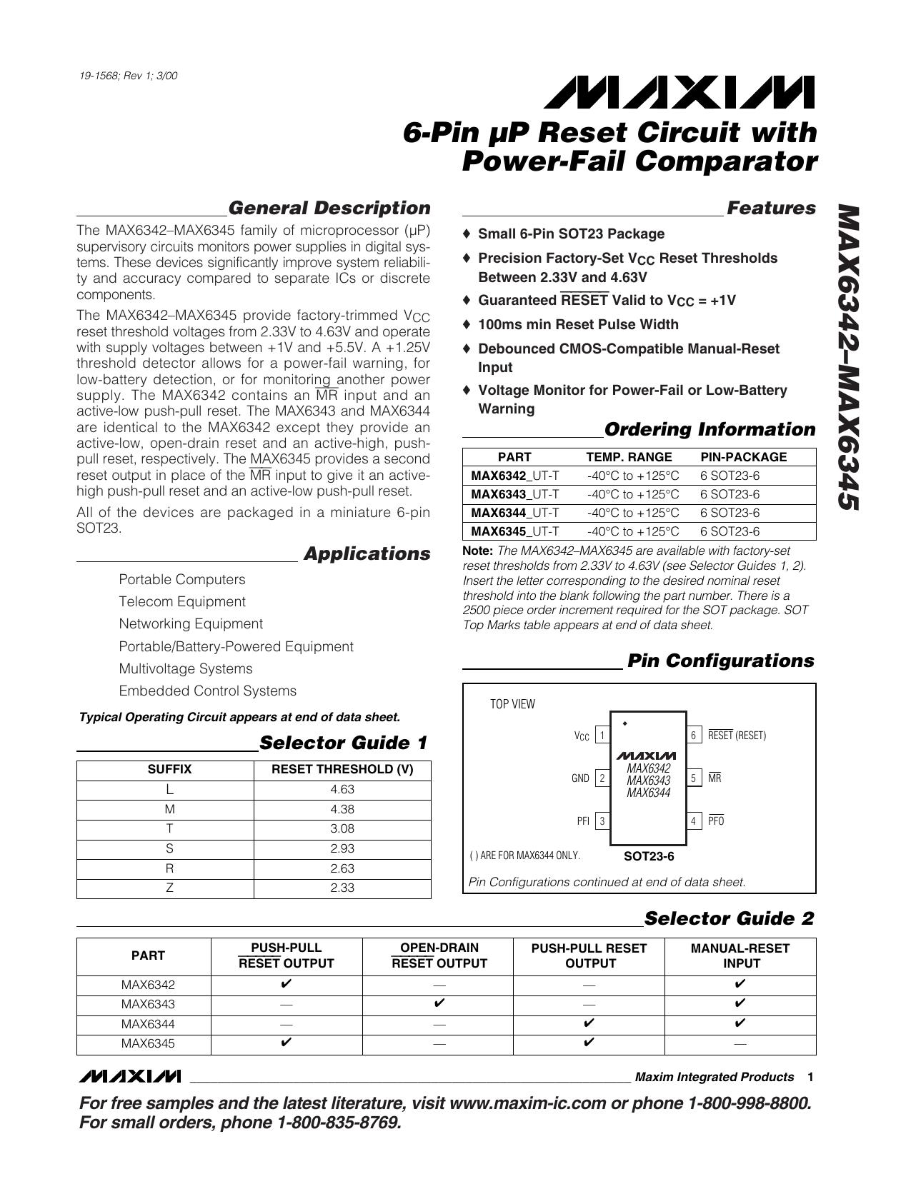 MAX6342MAX6345 Full Data Sheet (PDF) by Maxim