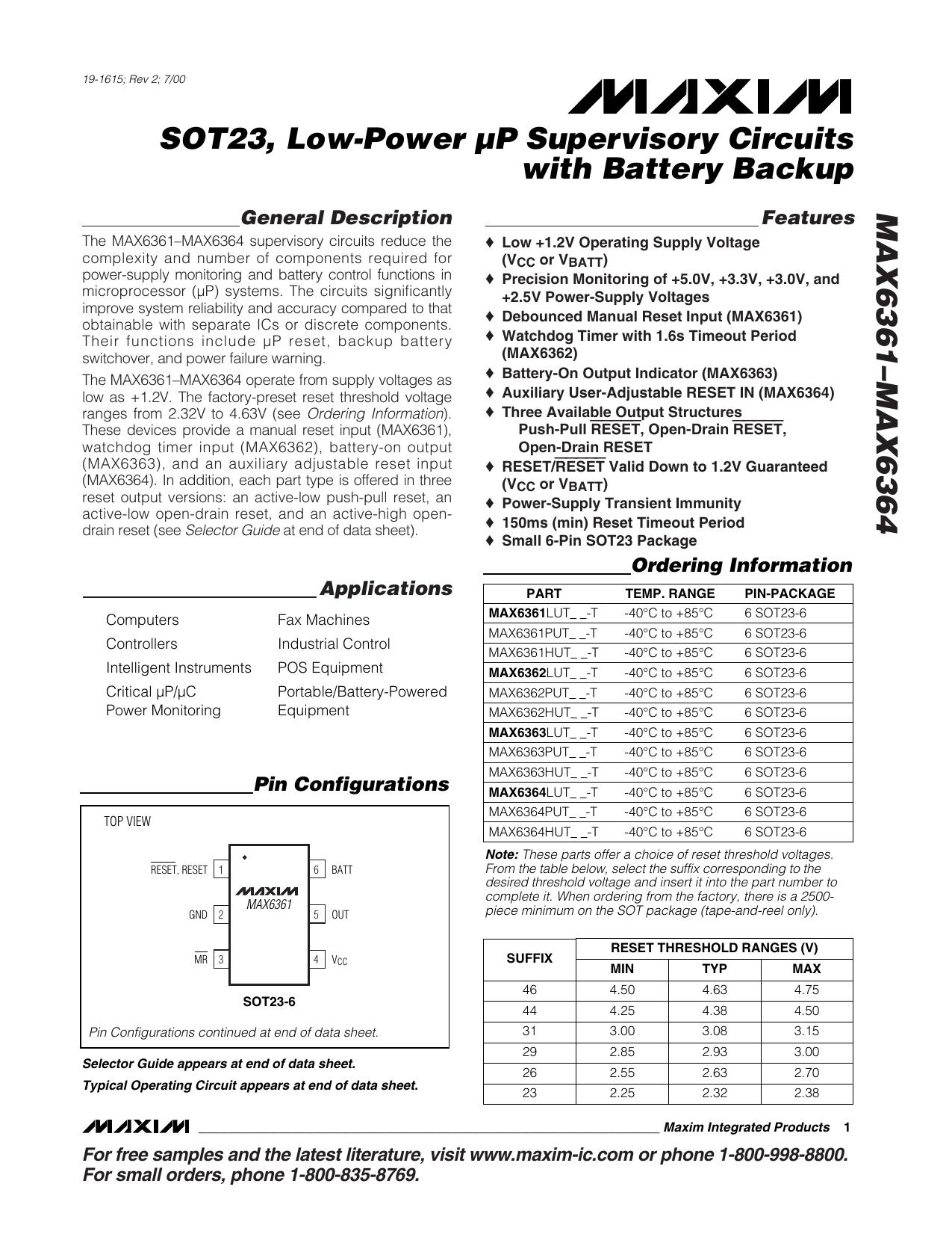 MAX6361MAX6363MAX6364 Full Data Sheet (PDF) by Maxim