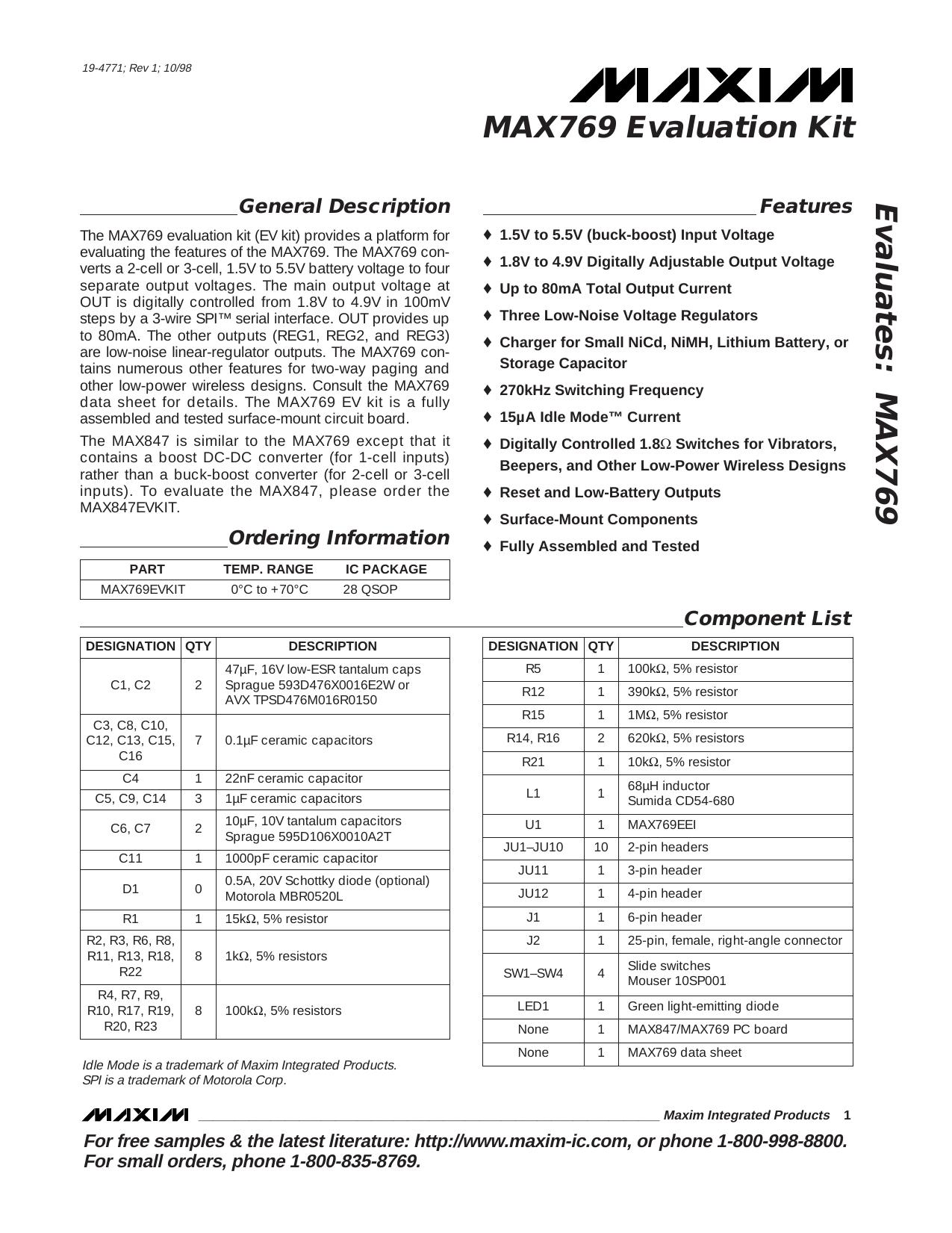 MAX769 EV Kit Full Data Sheet (PDF) by Maxim