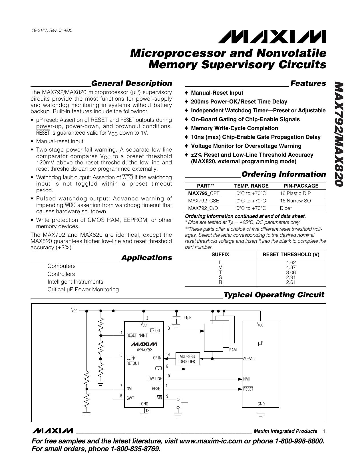 MAX792MAX820 Full Data Sheet (PDF) by Maxim