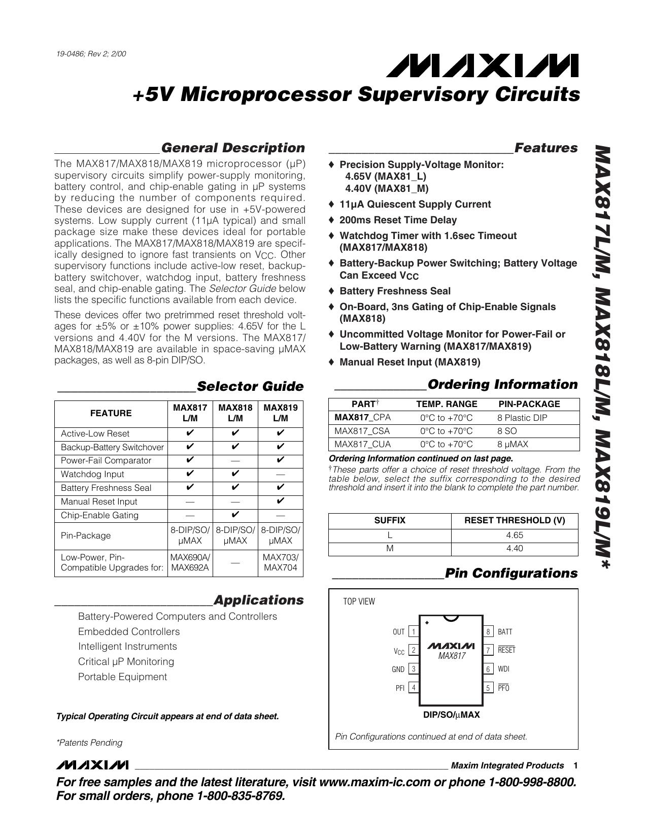 MAX817LM, MAX818LM, MAX819LM Full Data Sheet (PDF) by Maxim