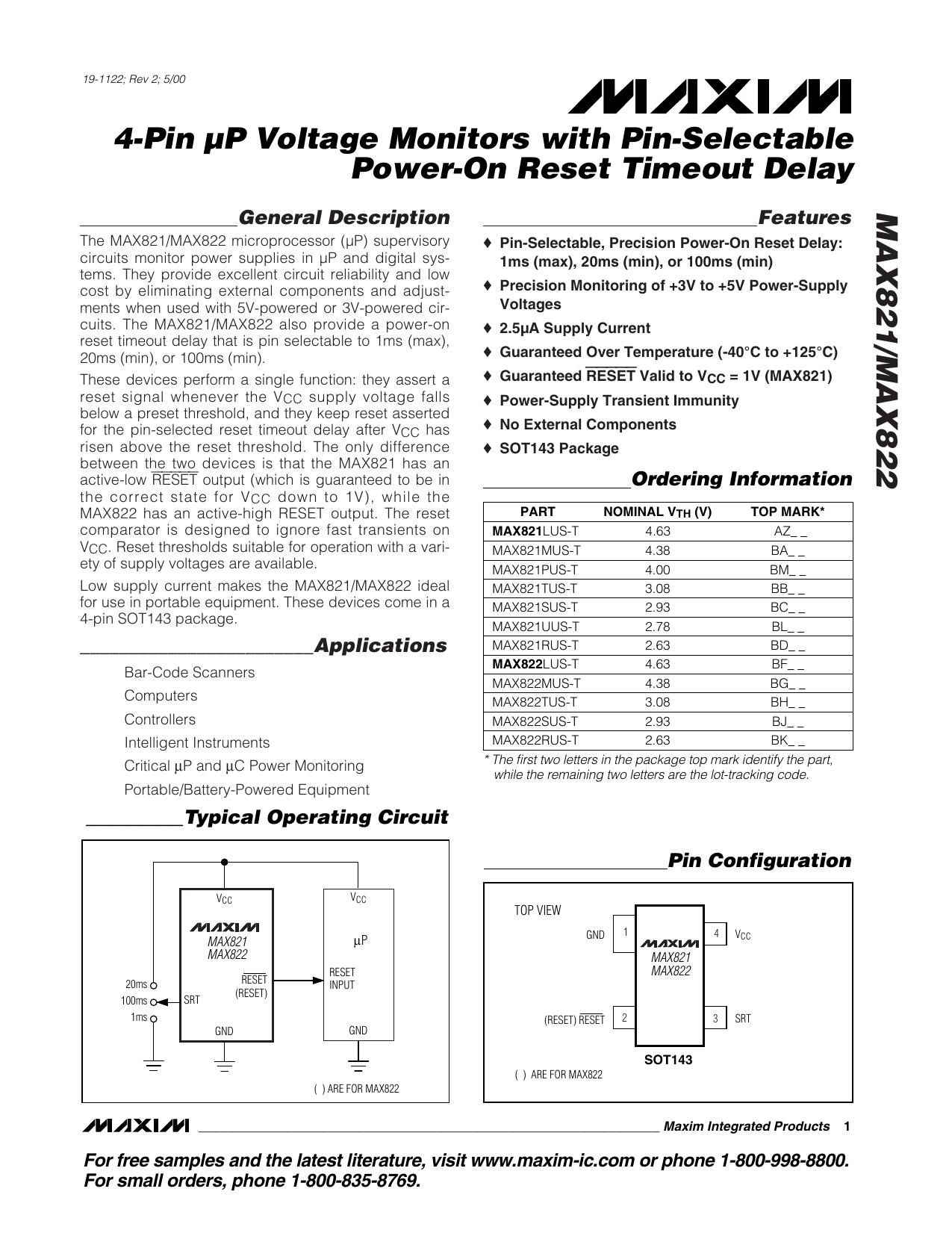 MAX821MAX822 Full Data Sheet (PDF) by Maxim