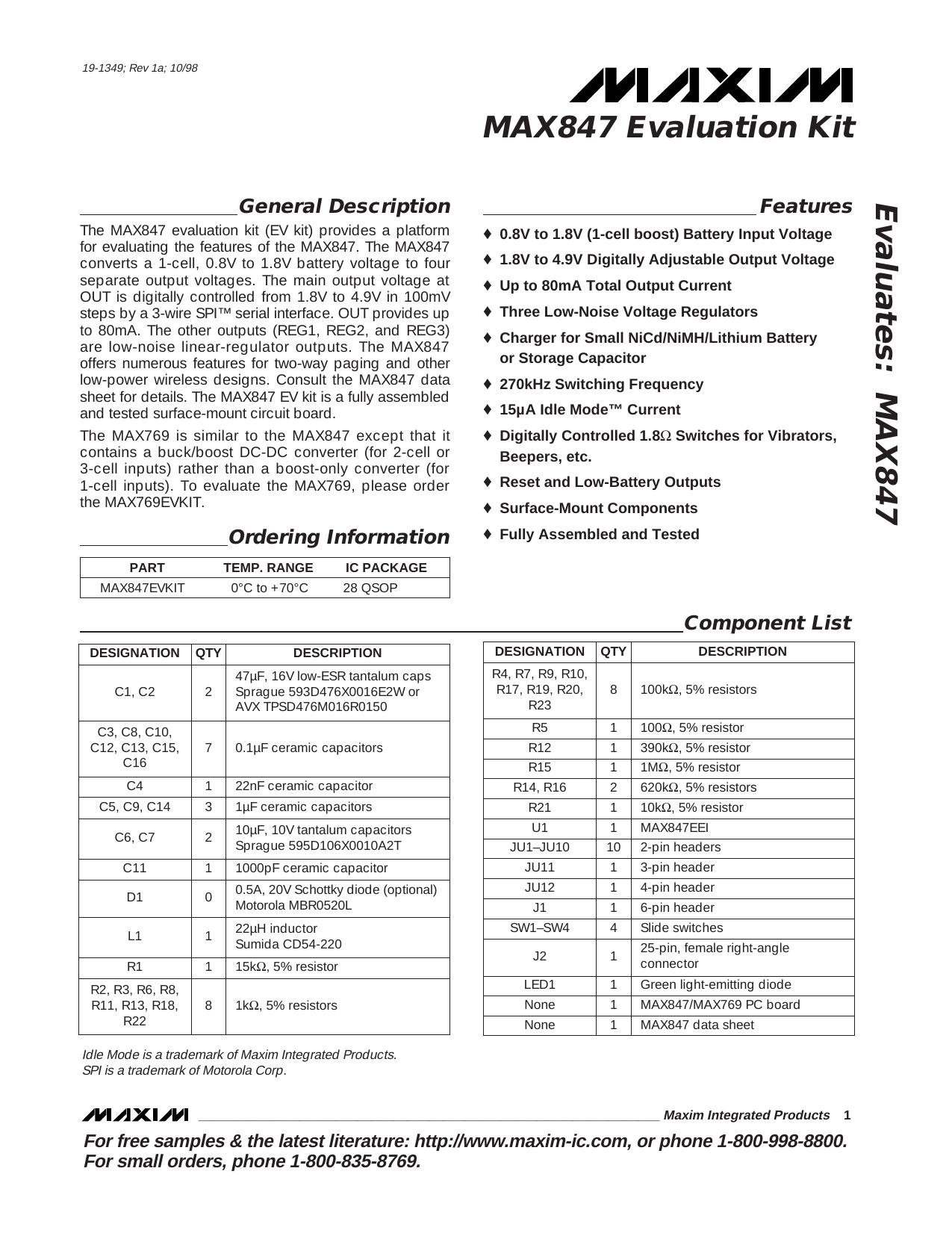 MAX847 EV Kit Full Data Sheet (PDF) by Maxim